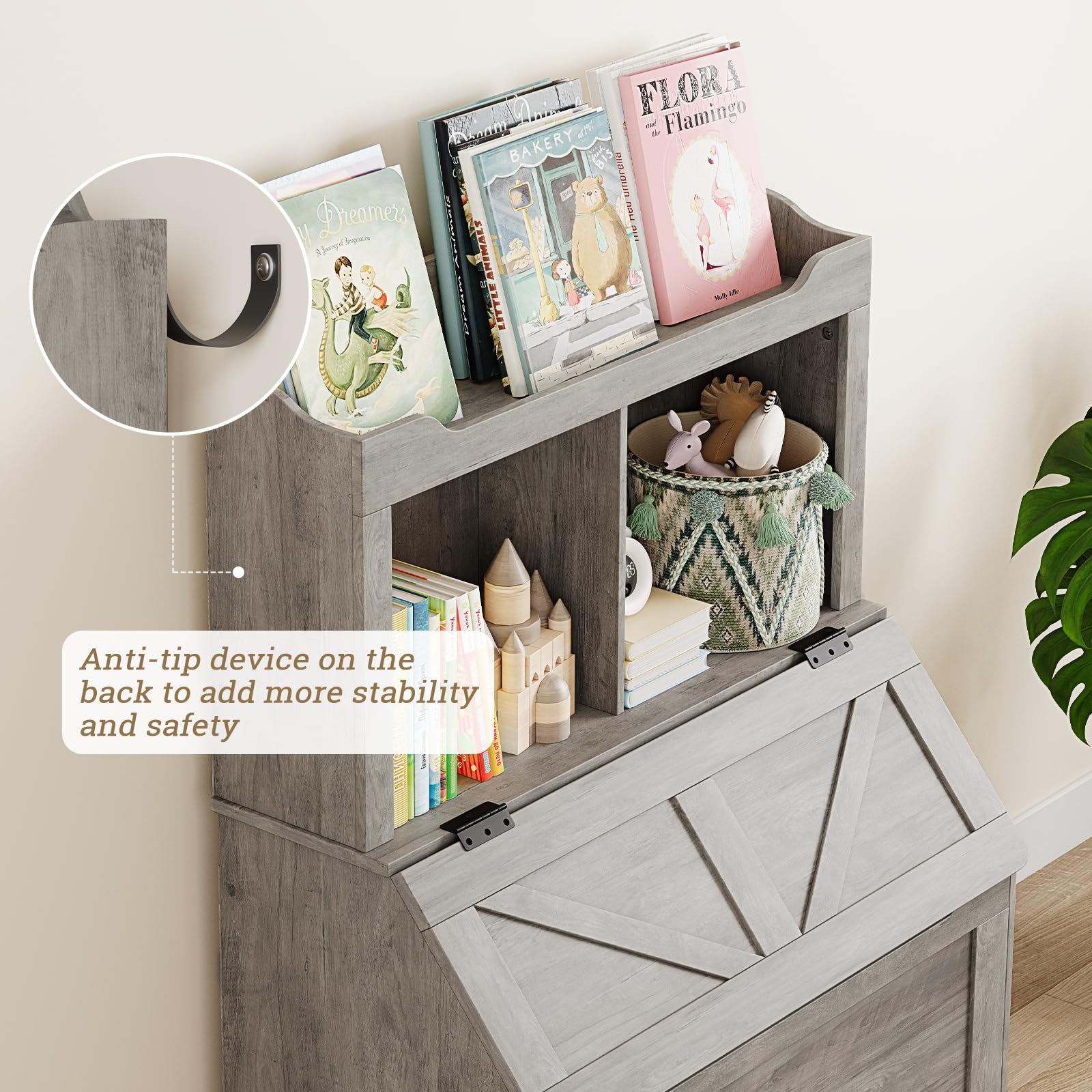 Wooden Kids Bookshelf and Toy Storage Organizer - Large Flip-top Toy Box with Cubby & 3-Tier Bookcase for Playroom, Bedroom, Nursery, Kindergarten - Perfect for Organizing Toys, Books & Kids' Belongings in Home & School