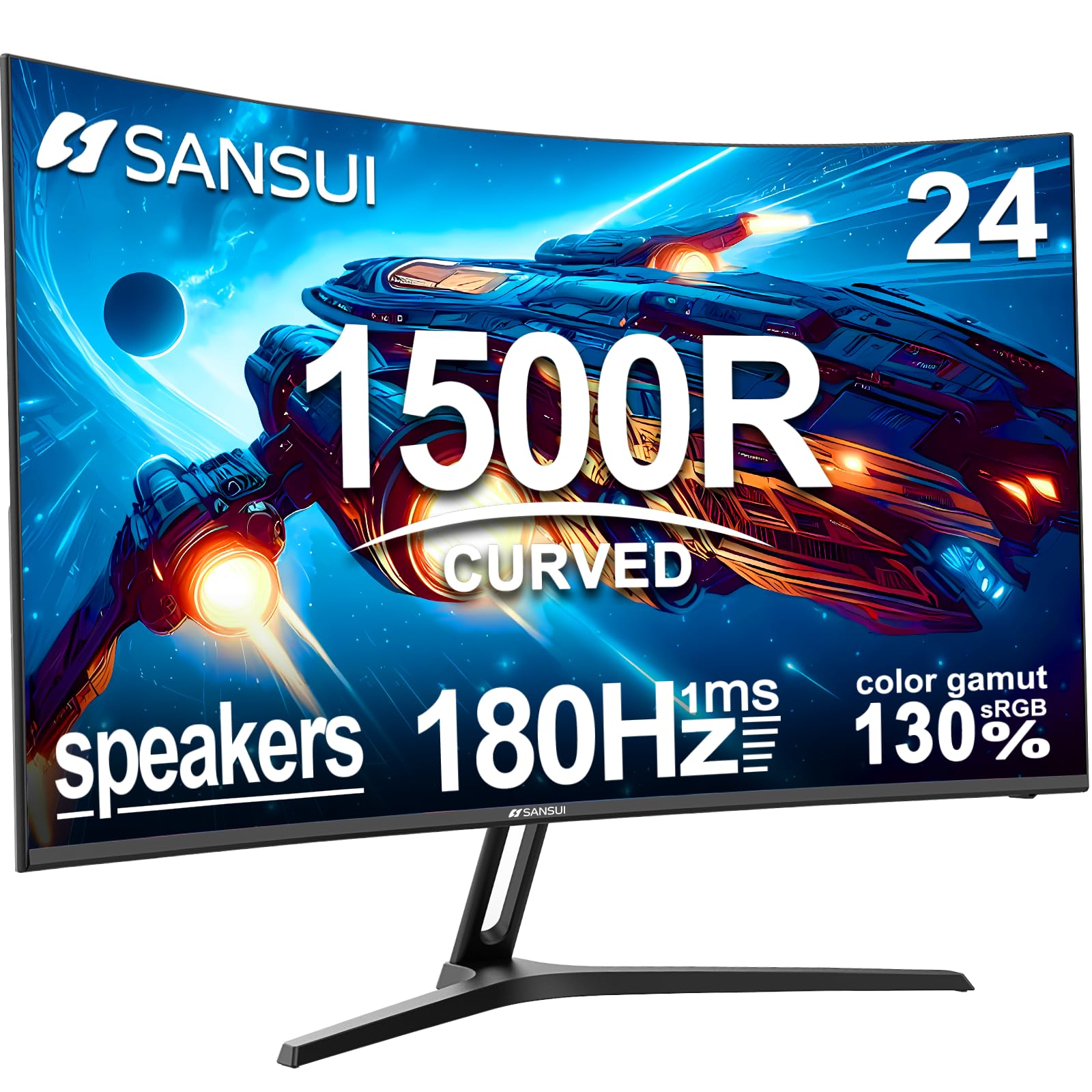24 Inch Curved Gaming Monitor 180Hz 1ms MPRT - SANSUI FHD 1080P Computer Monitor with Built-in Speakers, FreeSync, 130% sRGB HDR, HDMI & DP Ports, VESA Mount - Perfect for Esports, Streaming & Home Office (Includes HDMI Cable)