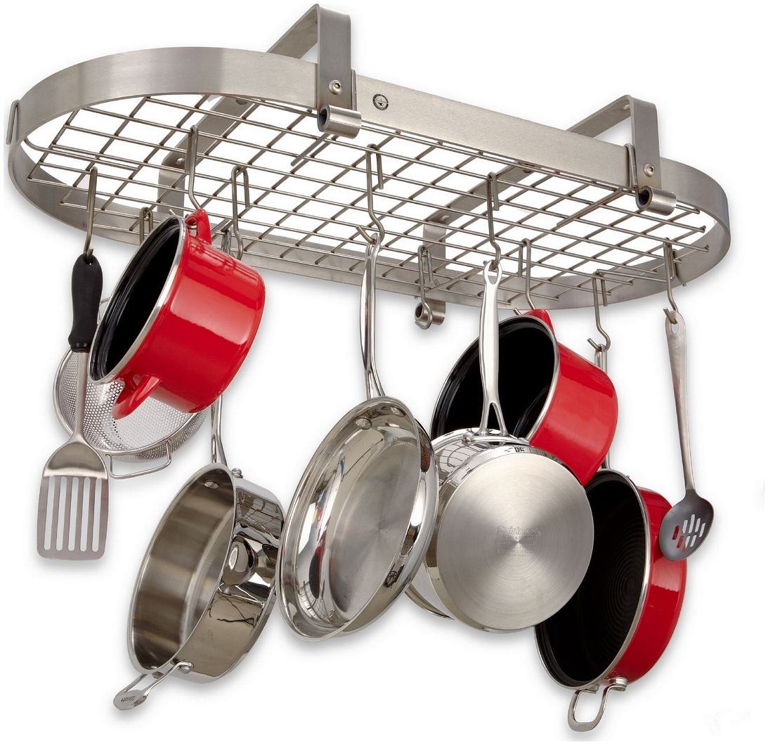 Enclume Premier Low Ceiling Oval Pot Rack - Stainless Steel Hanging Cookware Organizer for Kitchen Storage & Space Saving