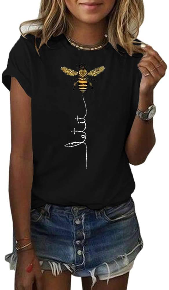 Pfvkeree Women's Cute Bee Graphic T-Shirt - Short Sleeve Funny 'Let It Bee' Print Summer Top | Casual Wear, Street Fashion, Gift Idea