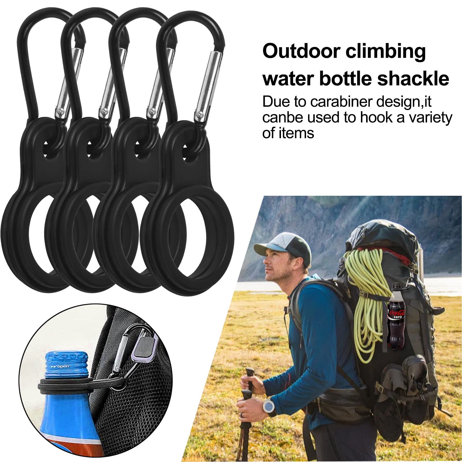 Focenat 6-Pack Silicone Water Bottle Buckle - Portable Hanging Hook with Carabiner Clip for Hiking, Camping, Travel & Outdoor Activities - Durable Black Bottle Carrier Holder for Backpacks, Bikes & Gear