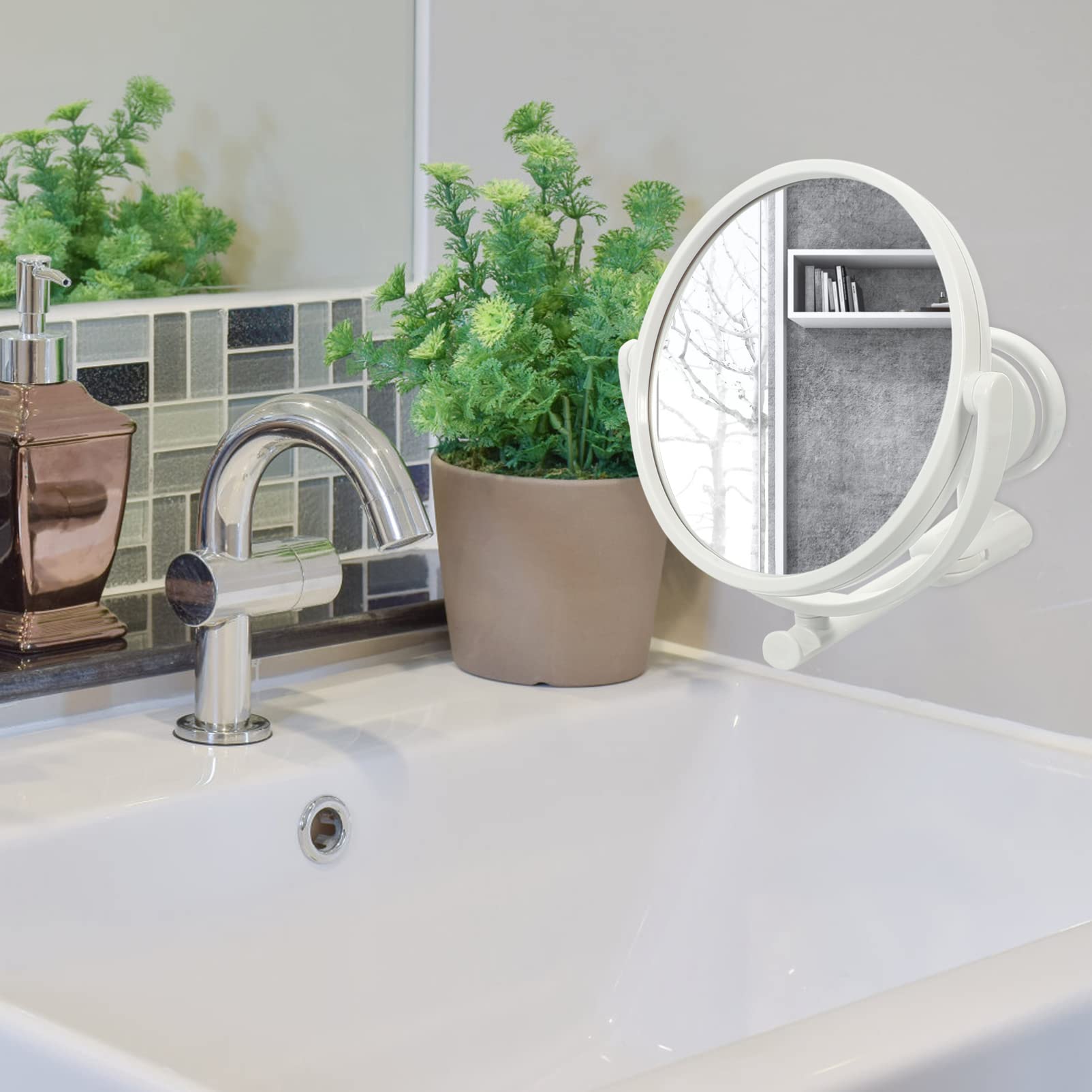 Beavorty Two-Sided LED Makeup Mirror with Suction Cup & Adjustable Arm - 360° Swivel Vanity Mirror for Wall Mount or Bathroom - Round Cosmetic Mirror for Professional Makeup Application, Eyebrow Shaping & Skincare Routine (Ideal for Home, Salon & Travel)