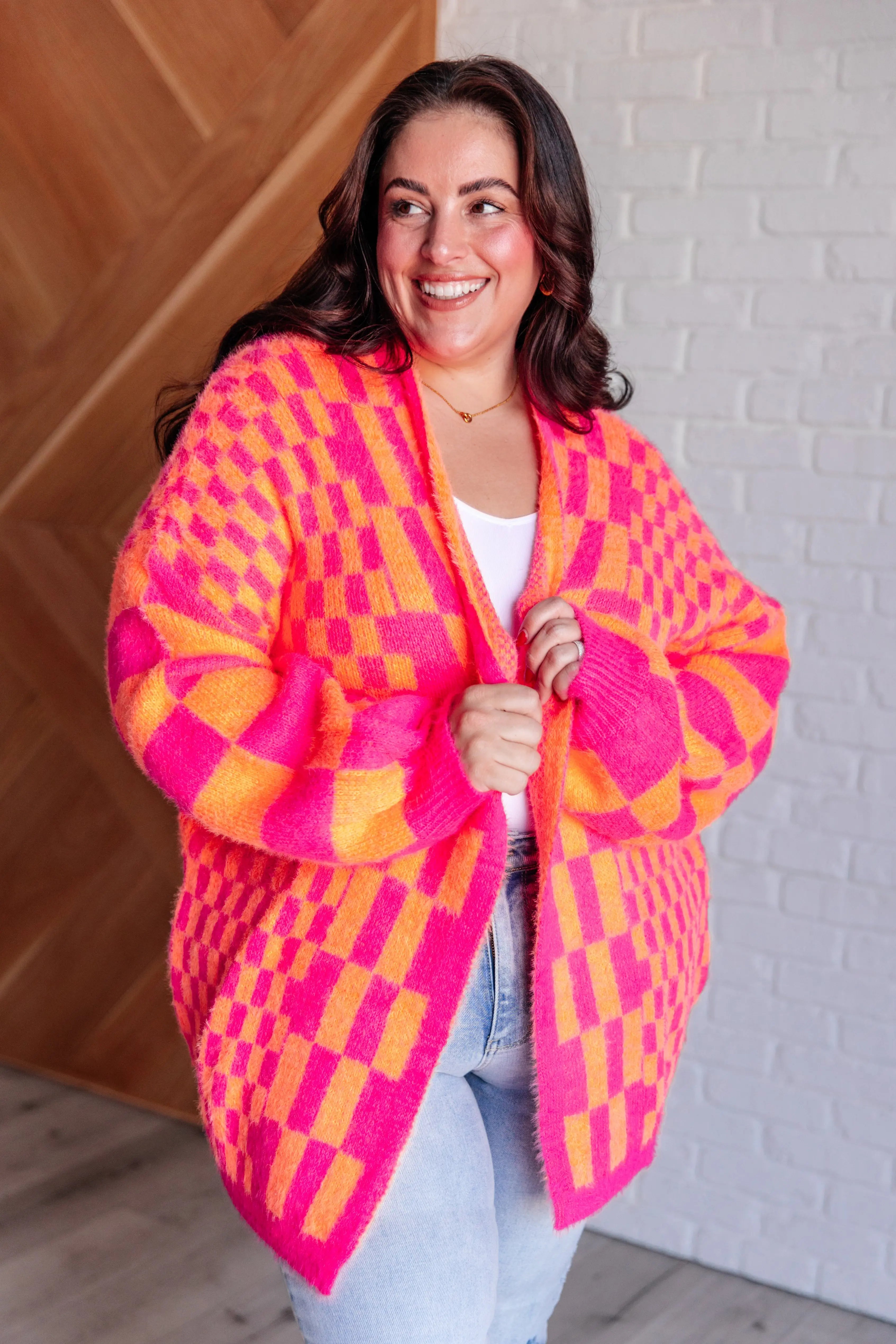 Trendy Pink and Orange Neon Checkered Cardigan for Women - Stylish Retro 90s Vintage Knit Sweater - Perfect for Casual Outfits, Streetwear Fashion, and Instagram Photos