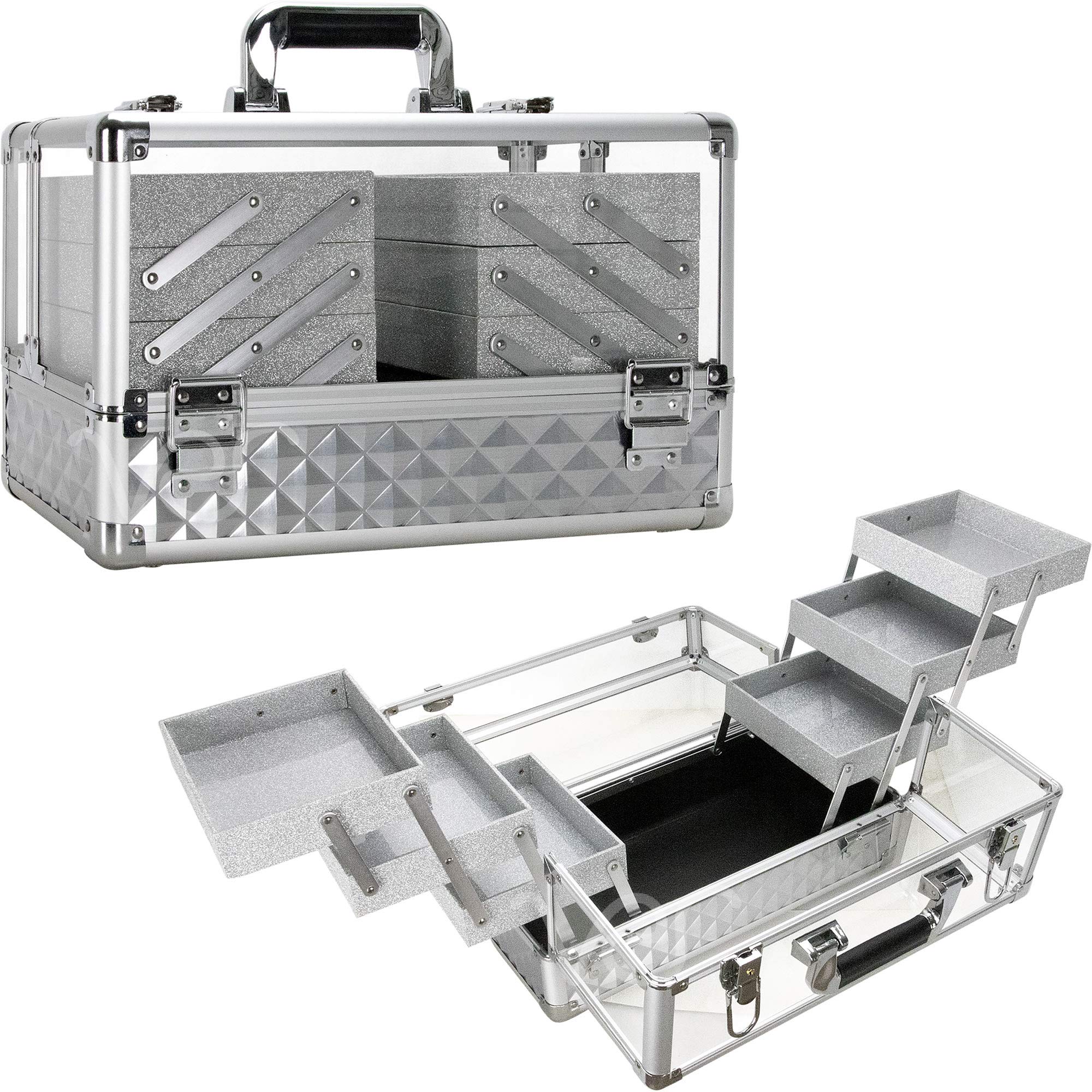 Ver Beauty 14-Inch Large Acrylic Makeup Train Case - Professional Portable Cosmetic Organizer with 6 Trays, Brush Holder & Jewelry Storage for Makeup Artists, Nail Kits & Crafts | Perfect for Travel, Salon & Home Display (Silver)