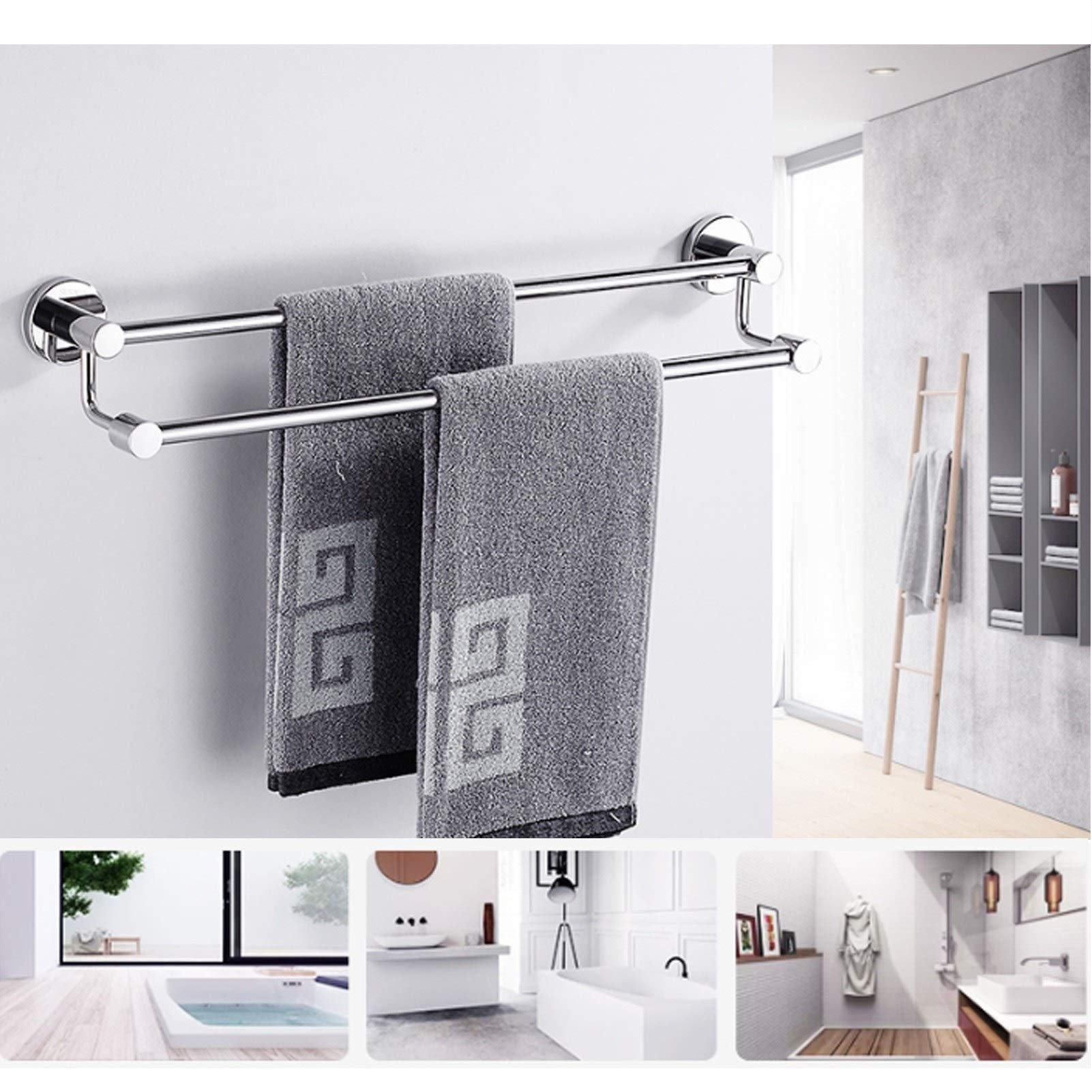 Stainless Steel Wall Mounted Double Towel Bar - 60Cm Bathroom & Kitchen Towel Rack for Bath Towels | Durable Silver Towel Rail for Spa, Hotel, and Home Use
