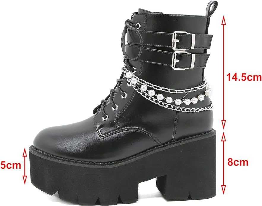 Women's Chunky Heel Combat Ankle Boots - Lace Up & Zipper Platform Booties with Studded Details | Black Motorcycle Fashion Boots for Casual Wear, Night Out & Biker Style