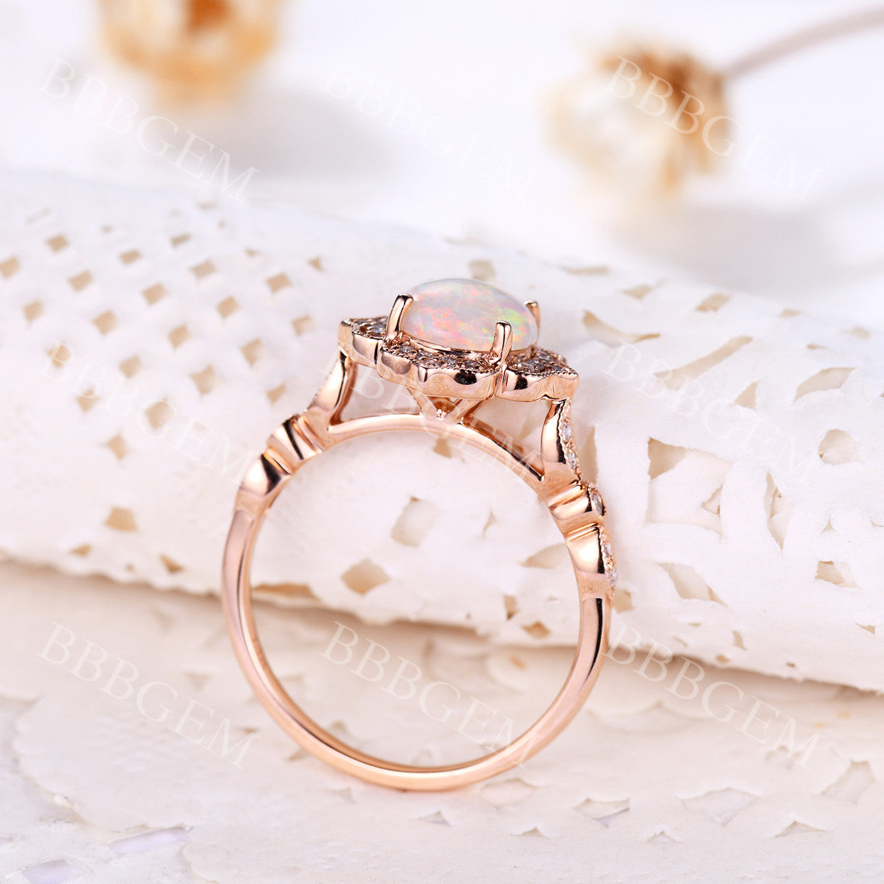 Vintage 1.2CT White Fire Opal Engagement Ring with Diamond Halo in Rose Gold - Perfect for Proposals, Anniversaries & Special Occasions