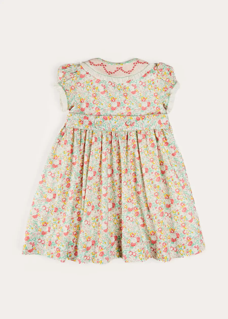 Floral Hand Smocked Double Breasted Short Sleeve Baby & Kids Dress - Coral (12 Months to 10 Years) | Perfect for Spring Photoshoots, Easter Outfits & Special Occasions