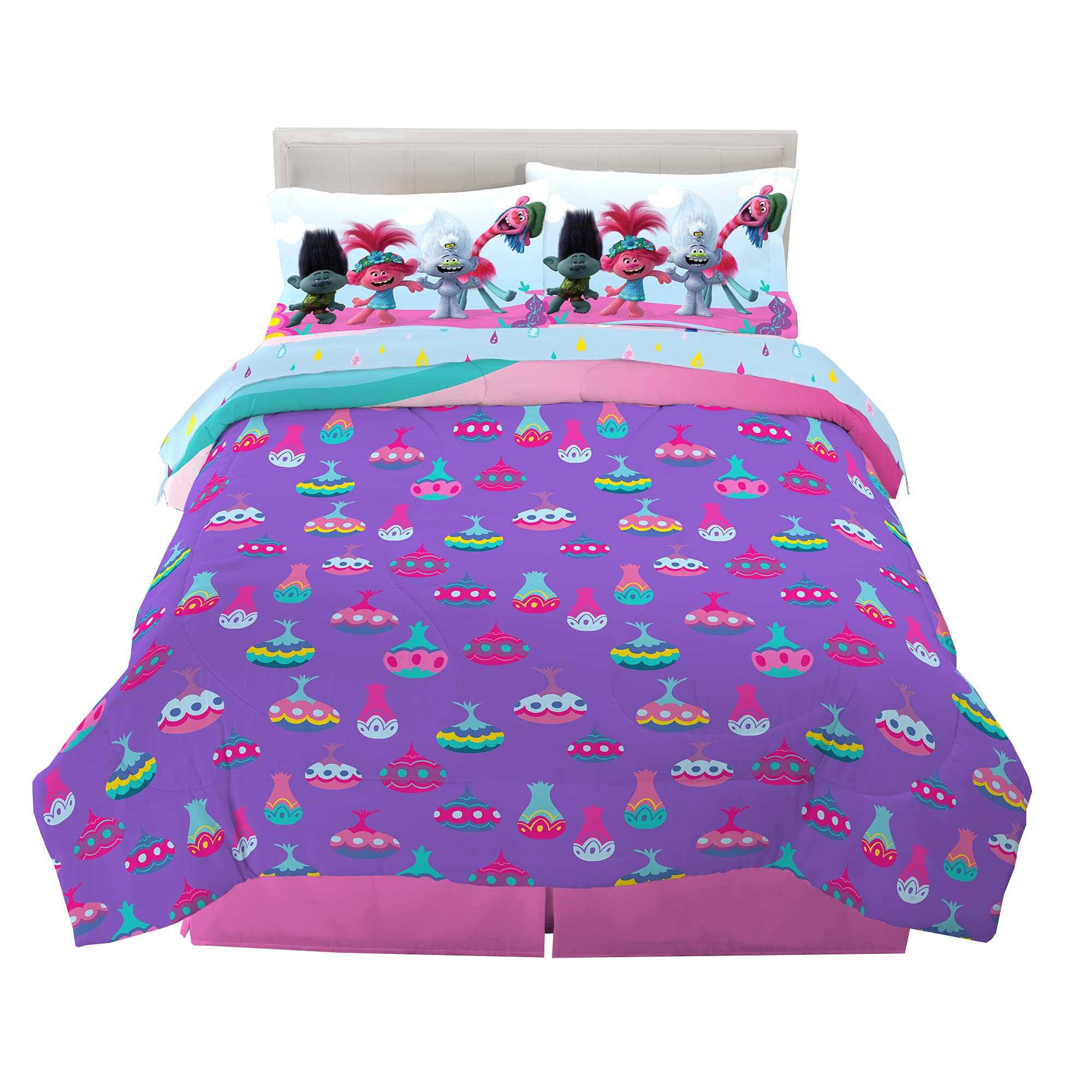 Franco Kids Bedding Set - Super Soft Microfiber Comforter & 5-Piece Sheet Set, Full Size, Trolls World Tour Theme | Perfect for Kids' Rooms, Sleepovers & Themed Bedrooms
