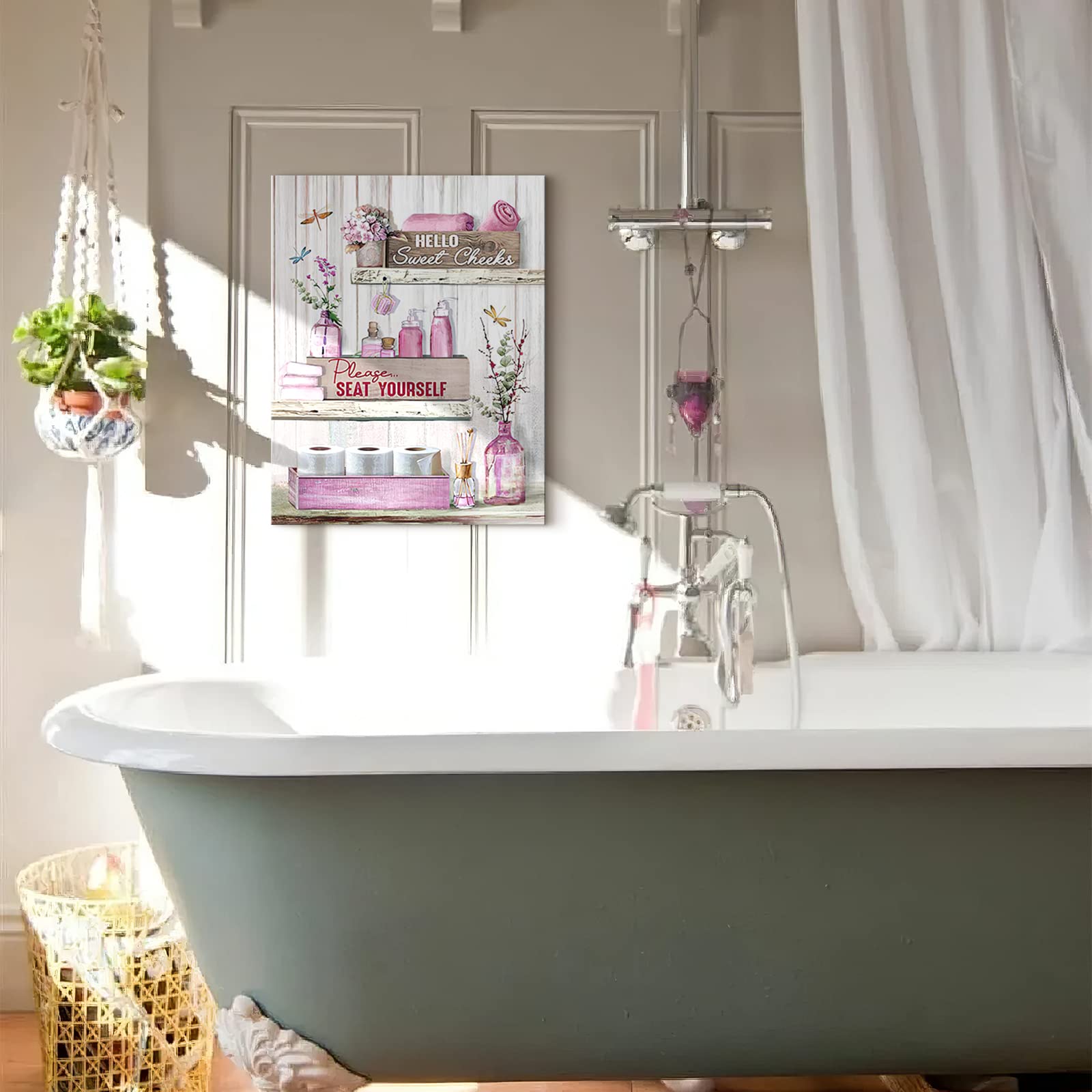 Rustic Bathroom Wall Art - 'Please Seat Yourself' Framed Canvas Print, Pink Modern Home Decor, 16x20 Inch Ready to Hang - Perfect for Bathroom, Powder Room & Farmhouse Style Interior Design
