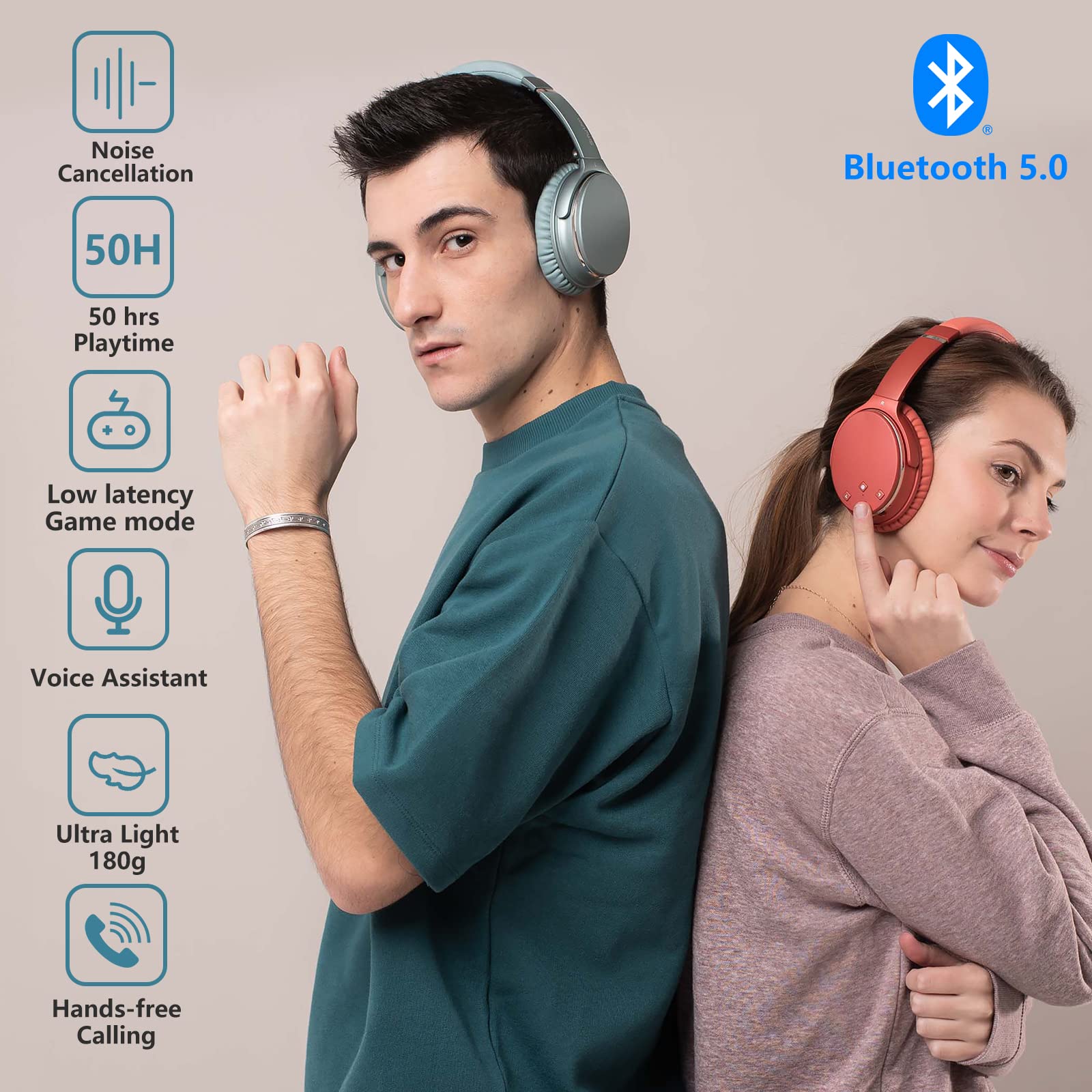Srhythm NC25 Wireless Bluetooth 5.0 Over-Ear Headphones with Active Noise Cancelling (ANC), Hi-Fi Sound, Built-in Mic, 50H Battery Life, Low Latency Game Mode - Perfect for Travel, Work & Gaming (Renewed)