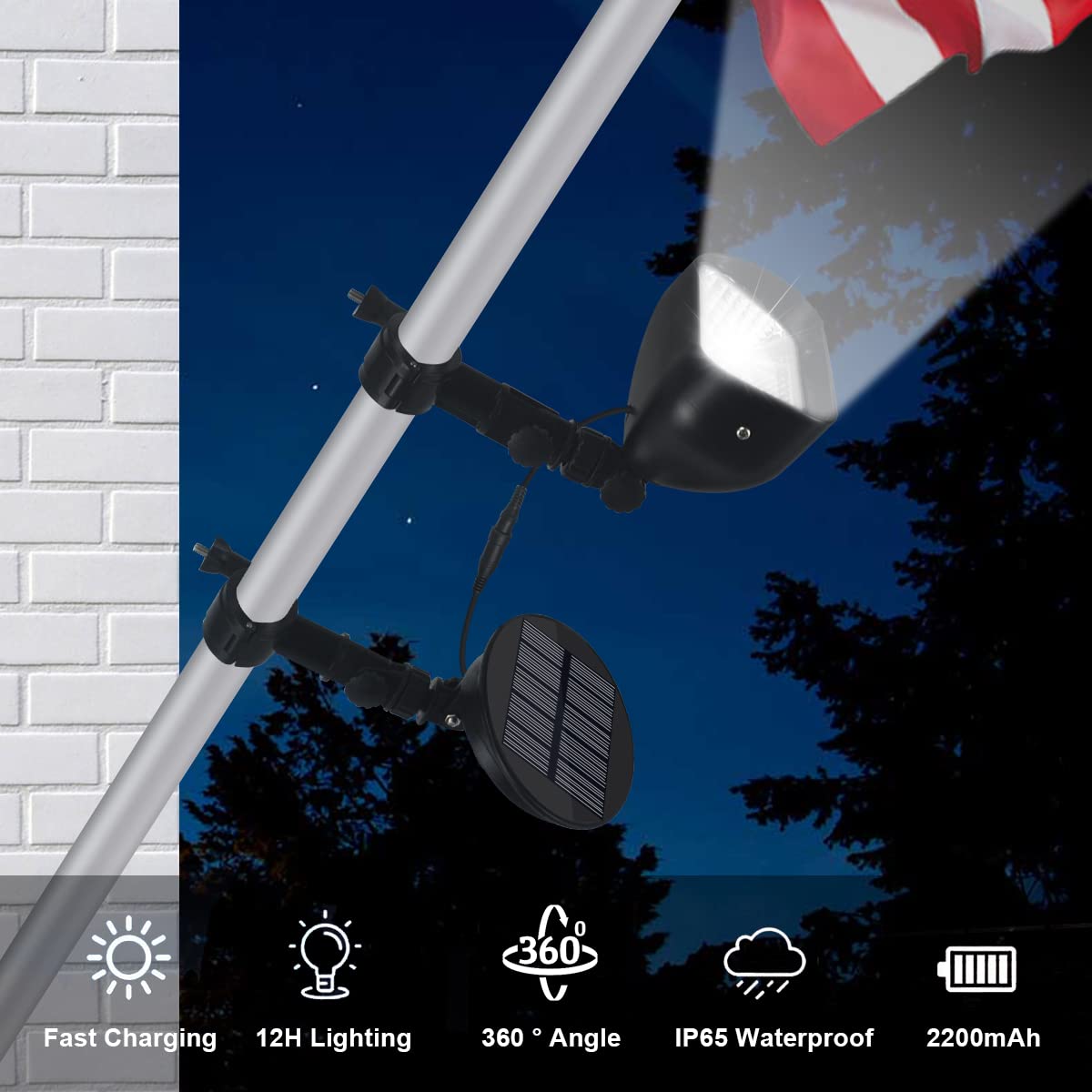 Solar Flag Pole Light with 4 Super Bright LEDs - 360° Adjustable Bracket & Solar Panel for 1”-1.5” Flag Poles - IP65 Waterproof Auto On/Off - Perfect for Patriotic Displays, Garden Decor & Nighttime Flag Lighting