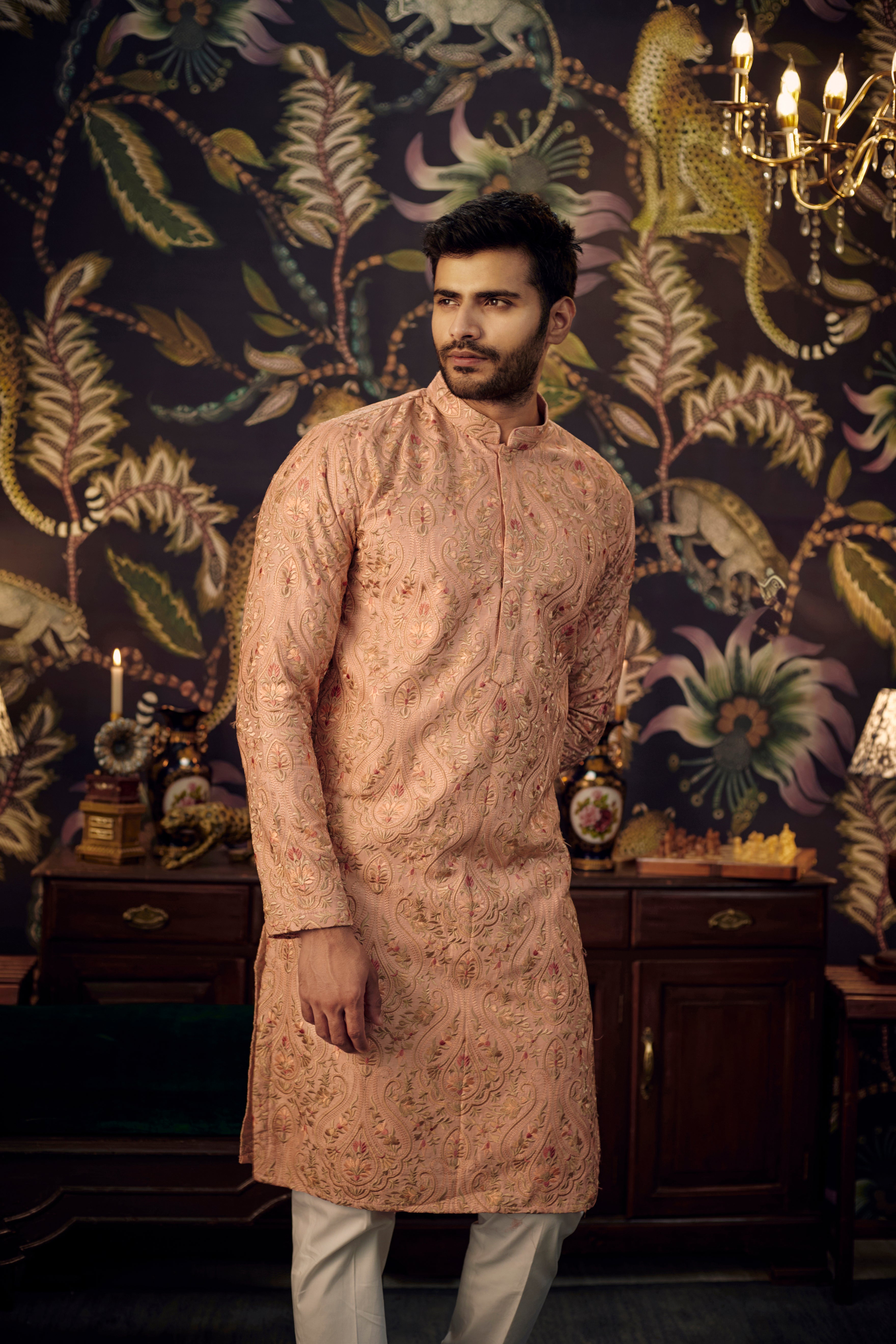 Exquisite Peach Kashmiri Embroidered Kurta with Intricate Multi-Thread Work - Perfect for Festivals, Weddings & Ethnic Fashion