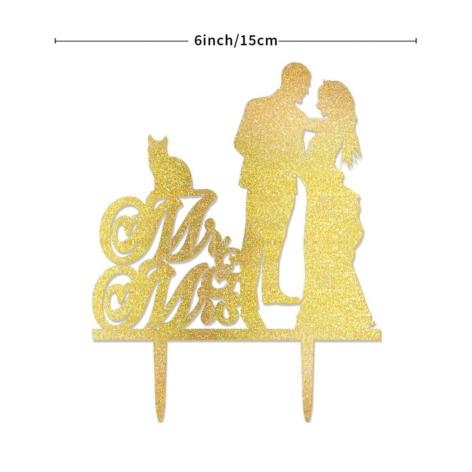 Custom Gold Acrylic Wedding Cake Topper - Mr & Mrs Silhouette with Sphynx Cat & Yorkshire Terrier | Bride & Groom Cake Decor for Wedding, Anniversary & Special Occasions