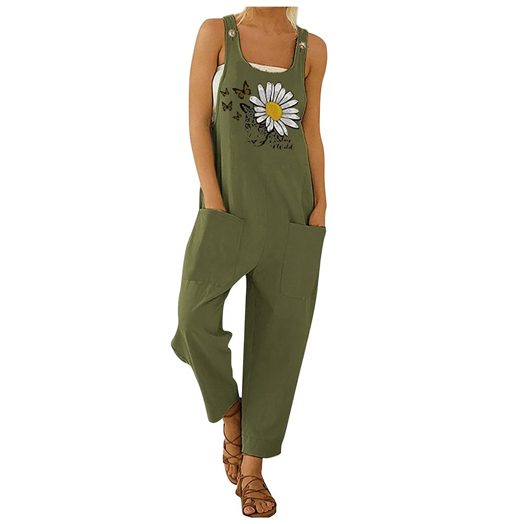 SLATIOM Women's Printed Romper Jumpsuit - Sleeveless Casual Loose Fit with Pockets, Suspenders & O-Neck Design - Green Medium - Perfect for Beach, Summer Outfits & Fashion Streetwear