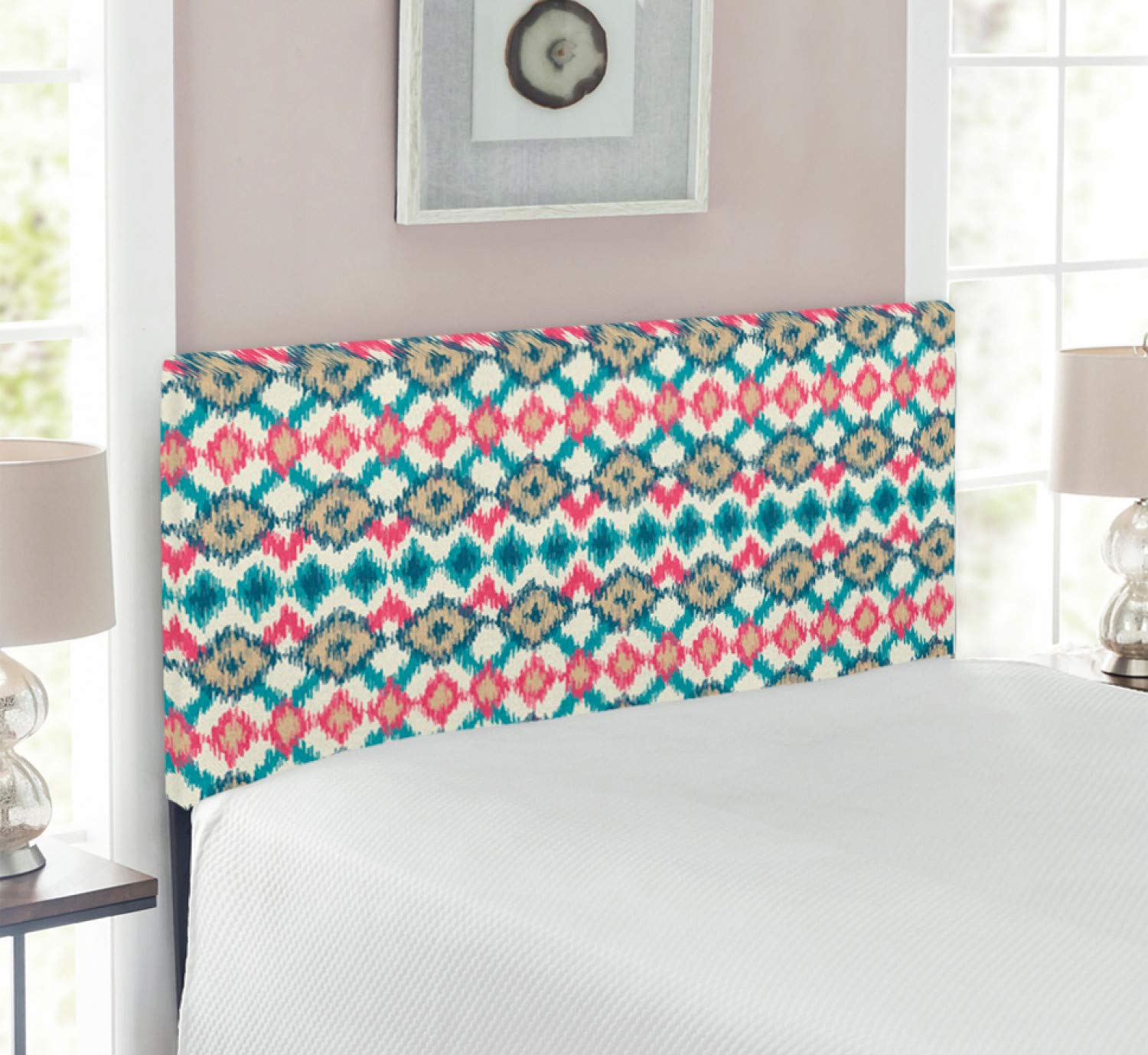 Ambesonne Ikat Upholstered Headboard - Handmade Boho Design with Memory Foam, Twin Size in Cream Red Teal | Perfect for Bedroom Decor & Bohemian Style Homes