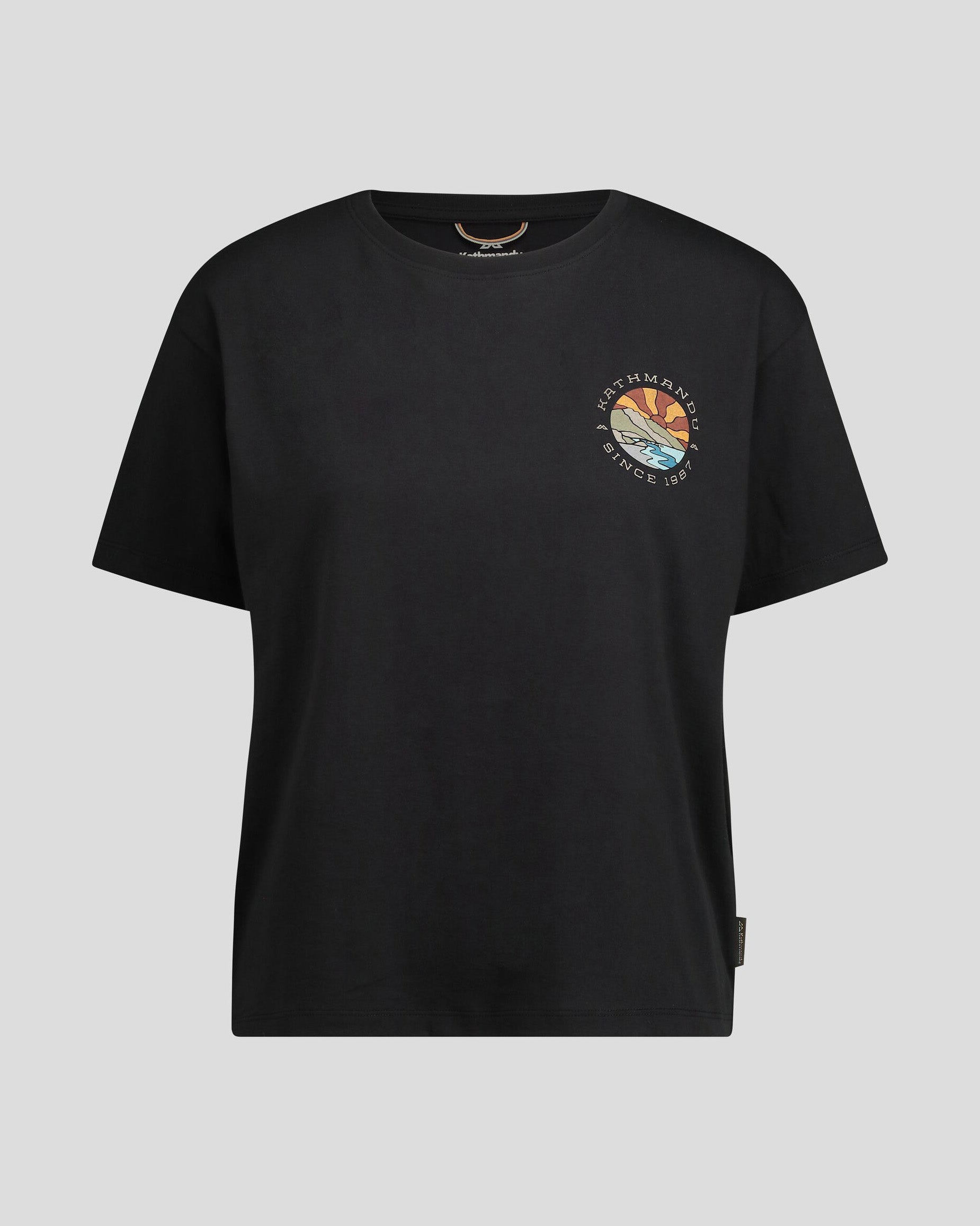 Women's Kathmandu Logo Sunburst Organic Cotton T-Shirt - Black | Eco-Friendly Casual Tee for Outdoor Activities & Everyday Wear