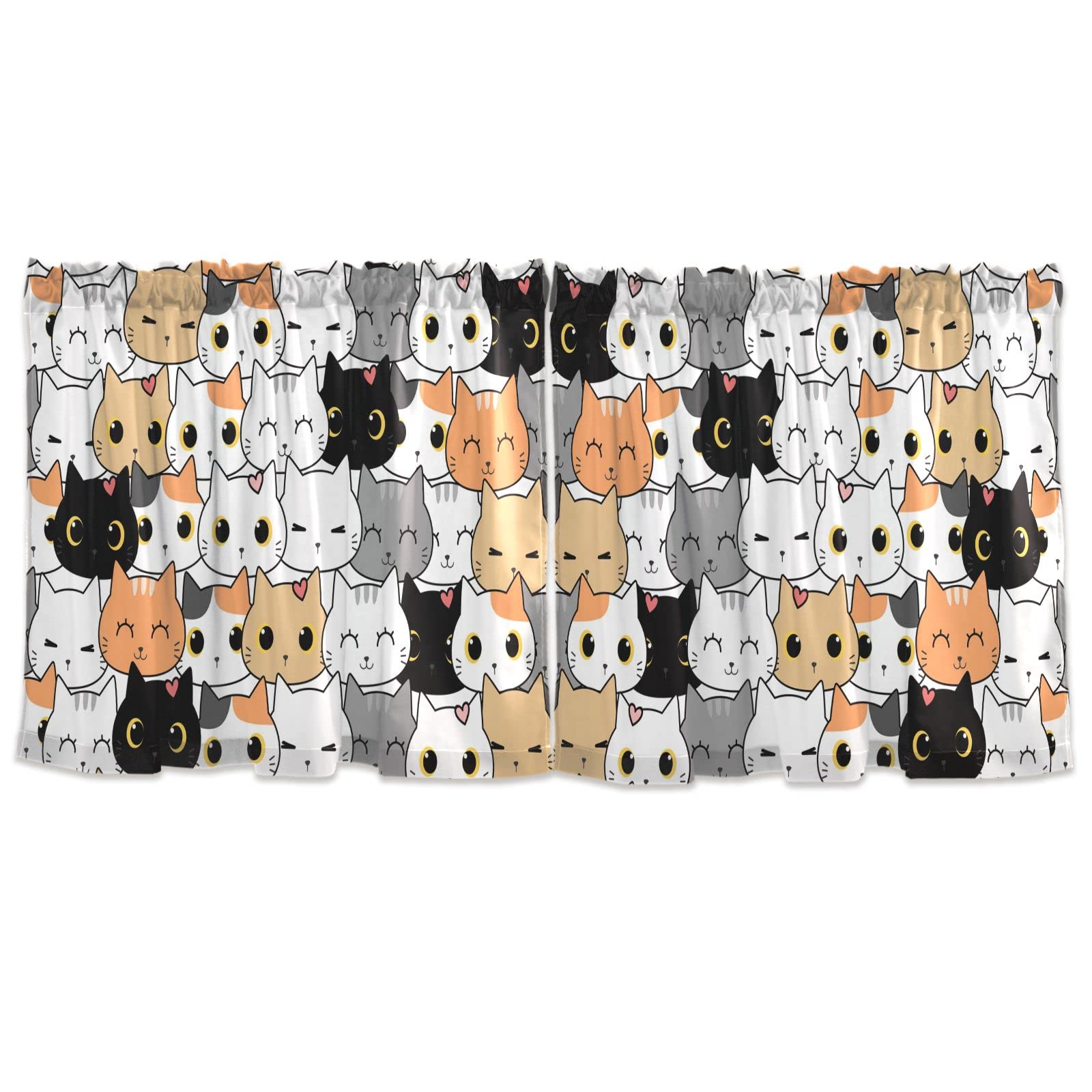 Sinestour Cat Kitten Cartoon Kitchen Curtains - Washable Short Cafe Curtains for Small Windows (57x36 Inch, 2 Panels) - Perfect for Farmhouse, Kitchen, Bathroom & Basement Half Windows | Cute Home Decor & Window Treatment