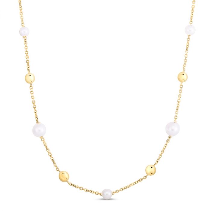 14K Yellow Gold Pearl & Gold Bead Tin Cup Necklace for Women - Elegant Layering Jewelry for Everyday Wear & Special Occasions