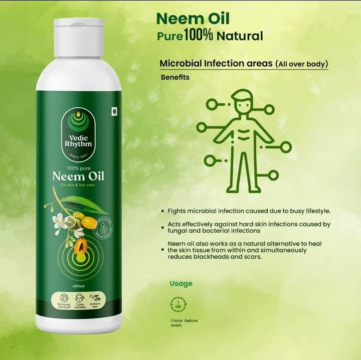 Vedic Rhythm Neem Oil 100ml - Cold Pressed 100% Pure First Extraction for Hair, Skin & Body Care | Organic Ayurvedic Treatment for Acne, Dandruff & Dry Skin | Perfect for Daily Skincare & Hair Growth Routine