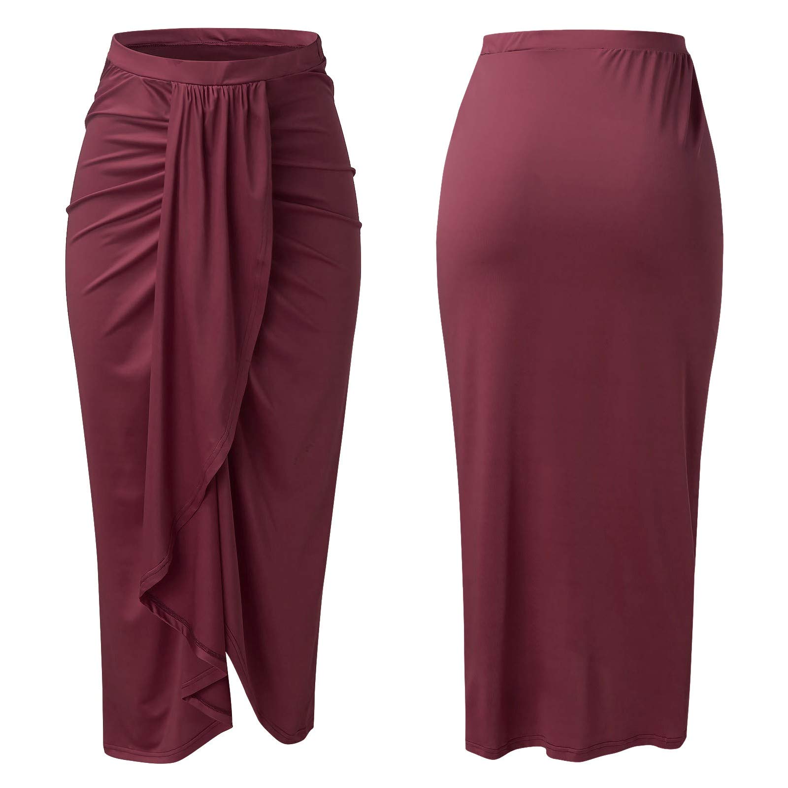 Women's Maxi Skirt - Draped Casual Wrap Waist Skirt with High Slit & Elastic Waistband - Asymmetrical Solid Wine Color for Summer, Beach, Party & Office Wear