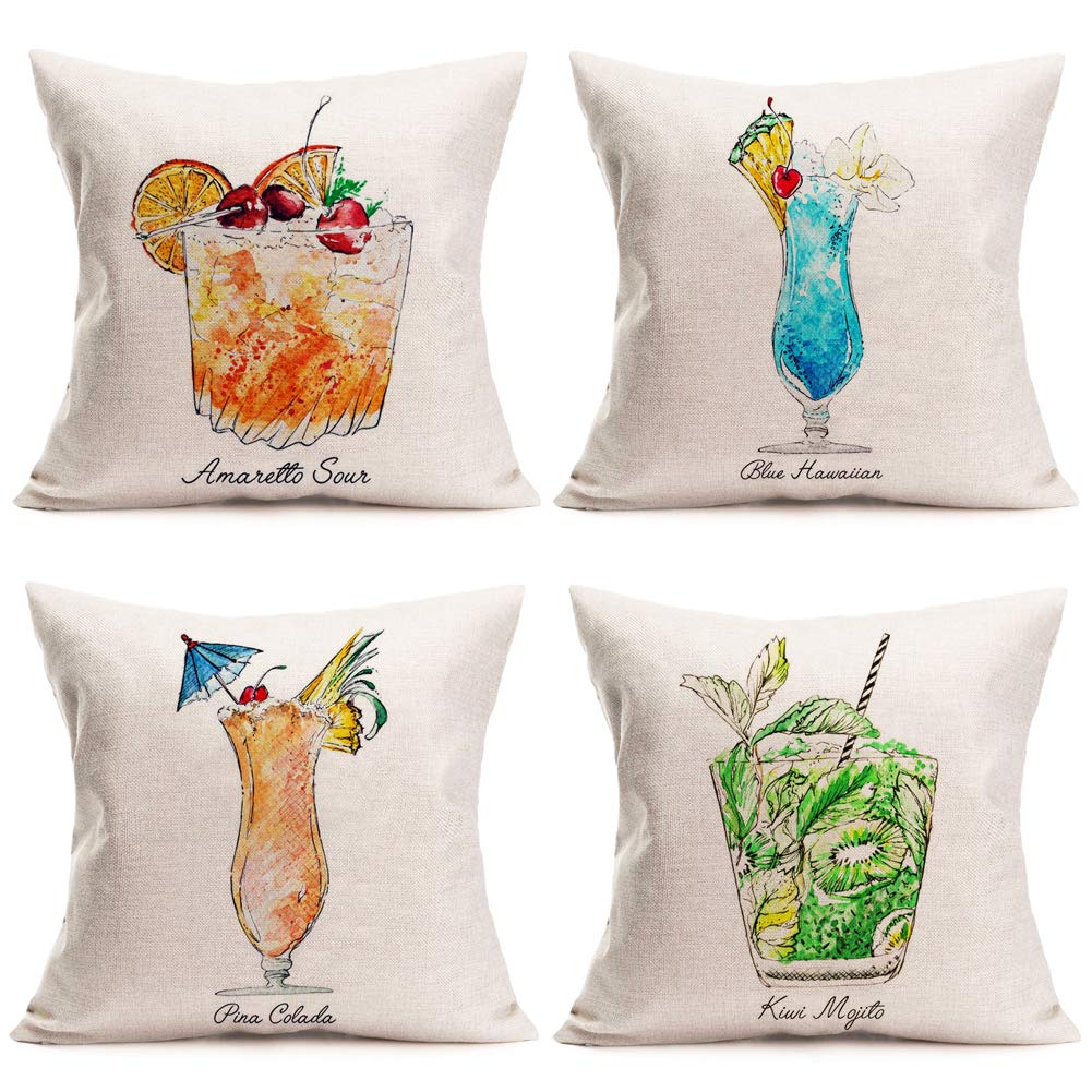 Fukeen Summer Throw Pillow Cases Set of 4 - 18x18 Inch Tiki Bar & Cocktail Themed Decorative Cushion Covers (Blue Hawaiian, Kiwi Mojito) - Cotton Linen Square Pillowcases for Couch, Sofa & Home Decor - Perfect for Beach House, Tropical Party & Vacation Vibes
