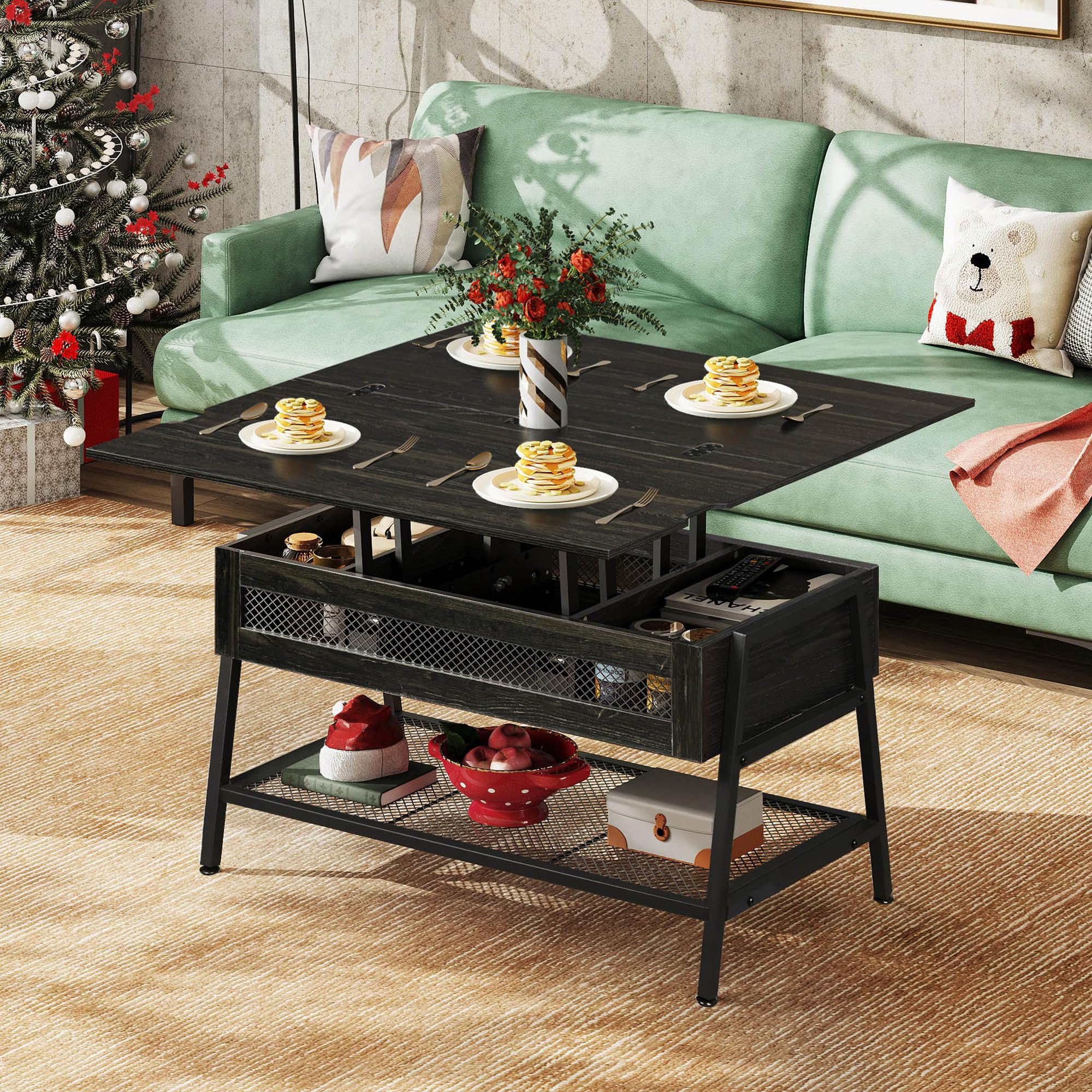 WLIVE 3-in-1 Lift Top Coffee Table with Hidden Storage | Convertible to Dining Table | Charcoal Black | Perfect for Living Room, Small Spaces & Home Office Use