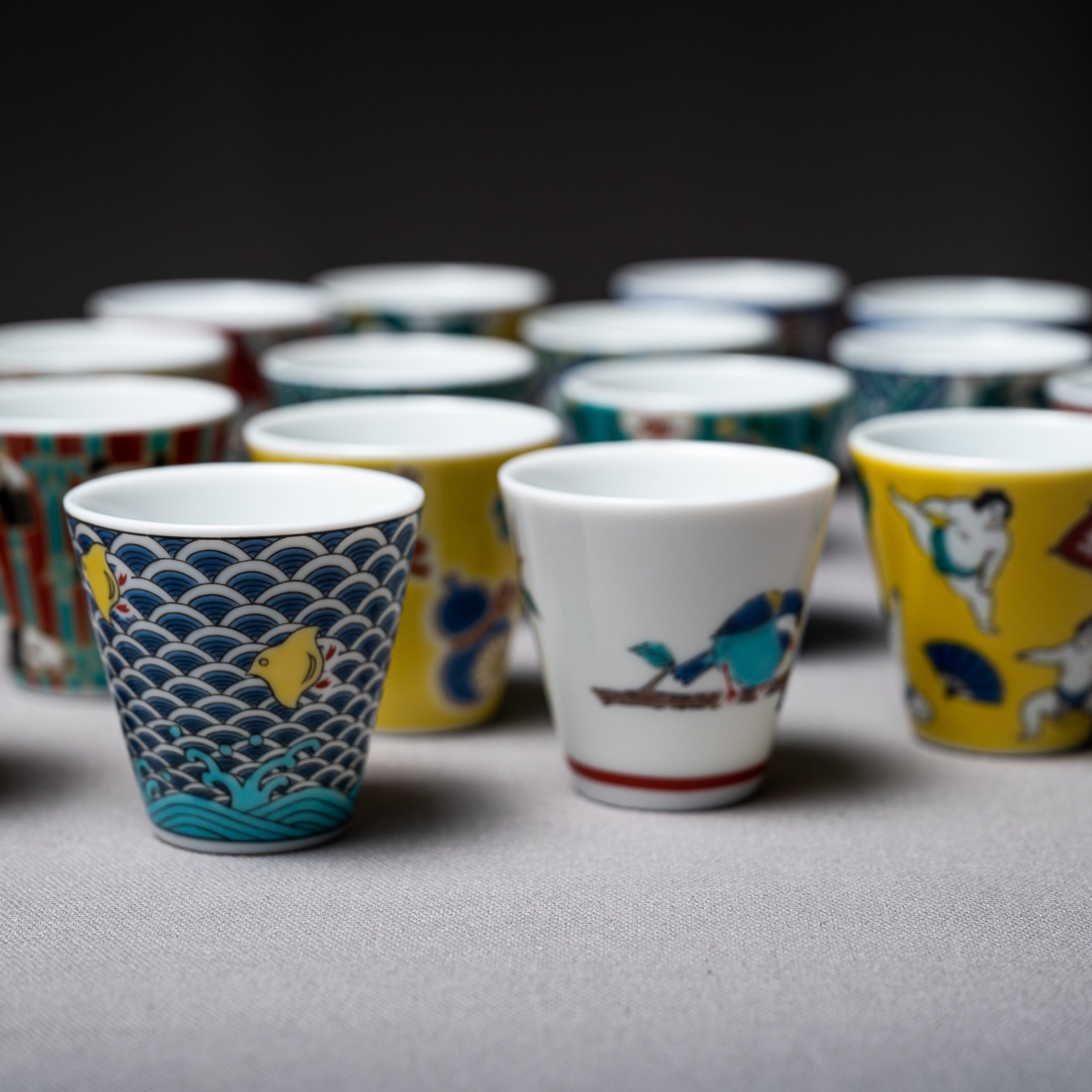 Kutani Design x Wakasa Porcelain Sake Cup Set - 30 Unique Japanese Ceramic Drinking Cups for Sake, Tea & Cocktails - Traditional Handcrafted Japanese Tea Ceremony & Home Bar Accessories