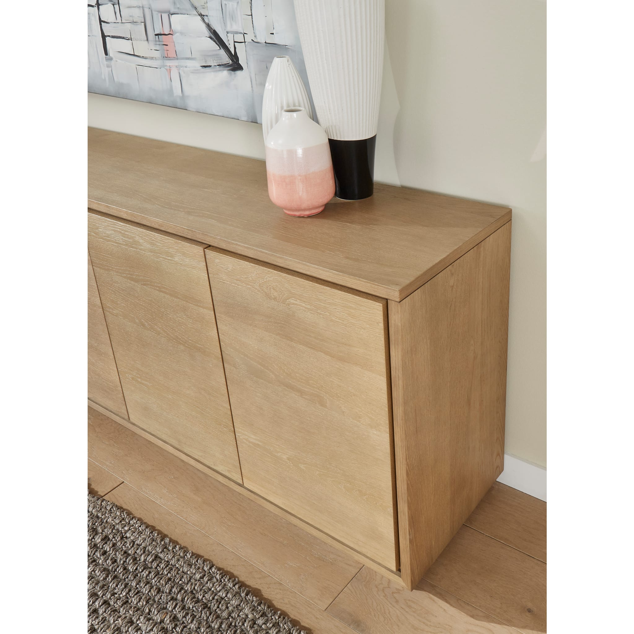 Modern Coastal White Oak Four-Door Sideboard - Stylish Storage Solution for Living Room, Dining Room, or Beach House Decor