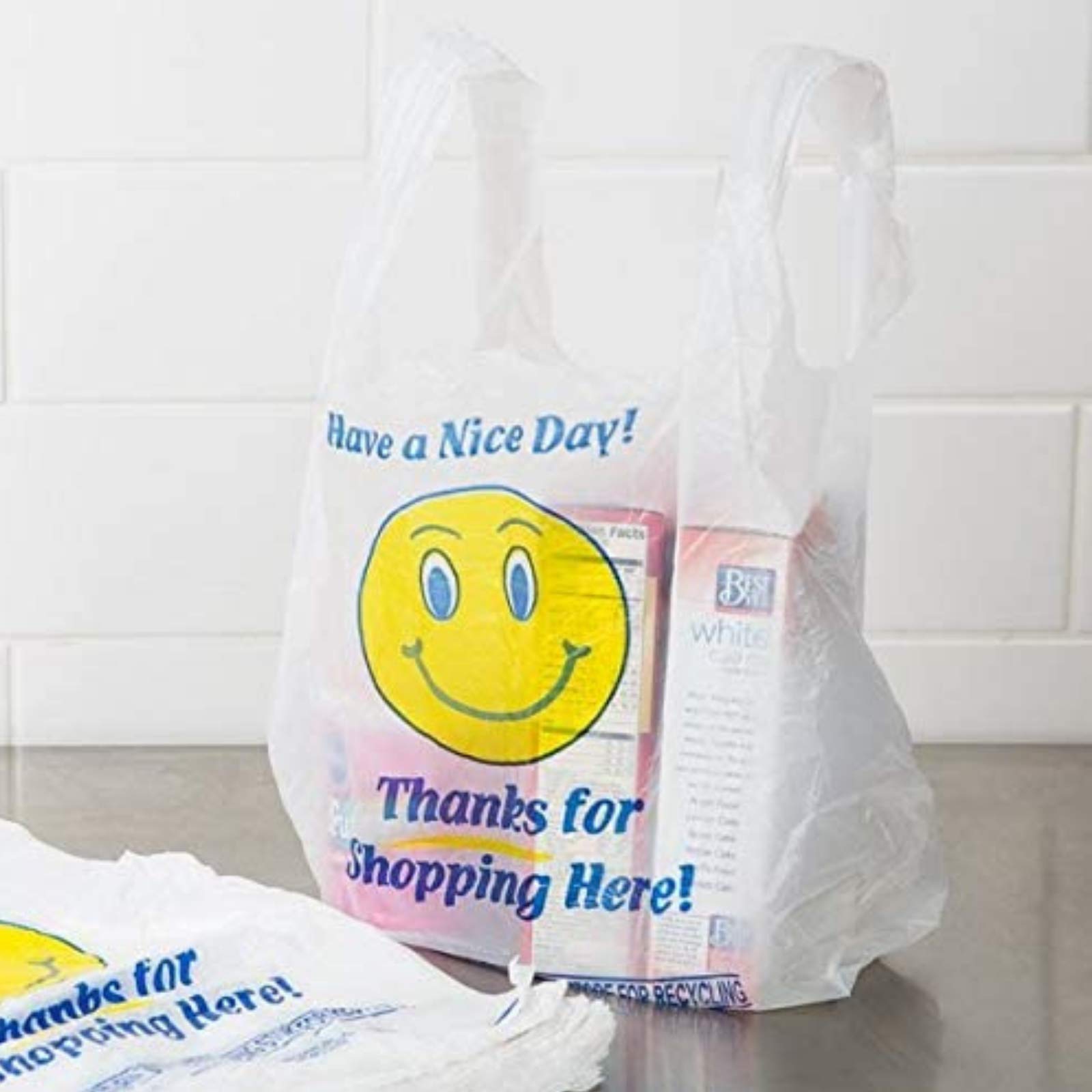 Eco-Friendly Happy Face Pine Shopping Bags - Reusable Heavy Duty Plastic Grocery Bags for Shopping, Market & Gift Carrier | Durable T-Shirt Style Bags | White Pack of 95 | Perfect for Grocery Stores, Retail Shopping & Eco-Conscious Consumers
