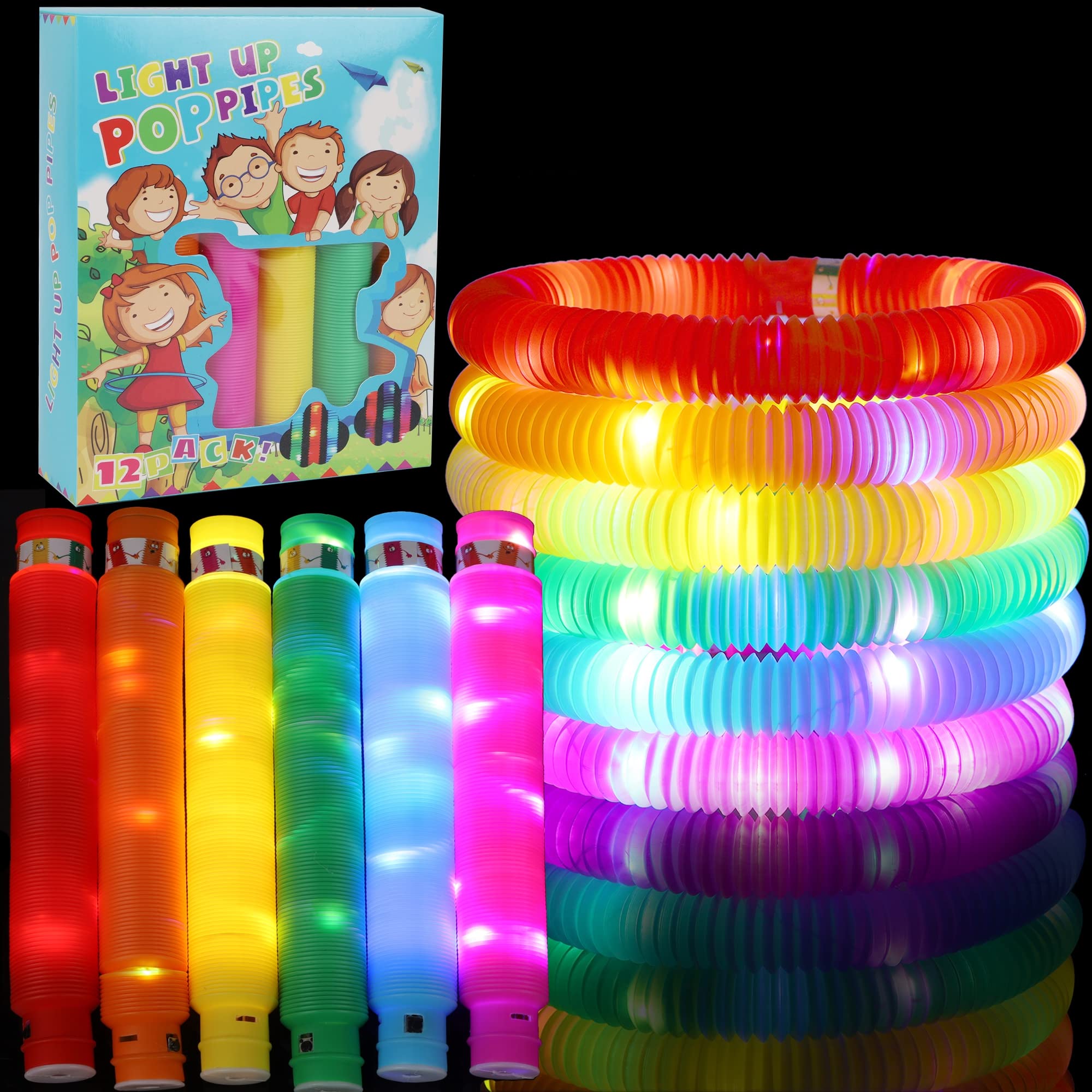 Glory Island 12 Pack Light Up Pop Tube Fidget Toys - Glow in The Dark Sensory Toys for Kids, LED Party Favors & Birthday Supplies - Perfect for Birthday Parties, Classroom Rewards and Stress Relief