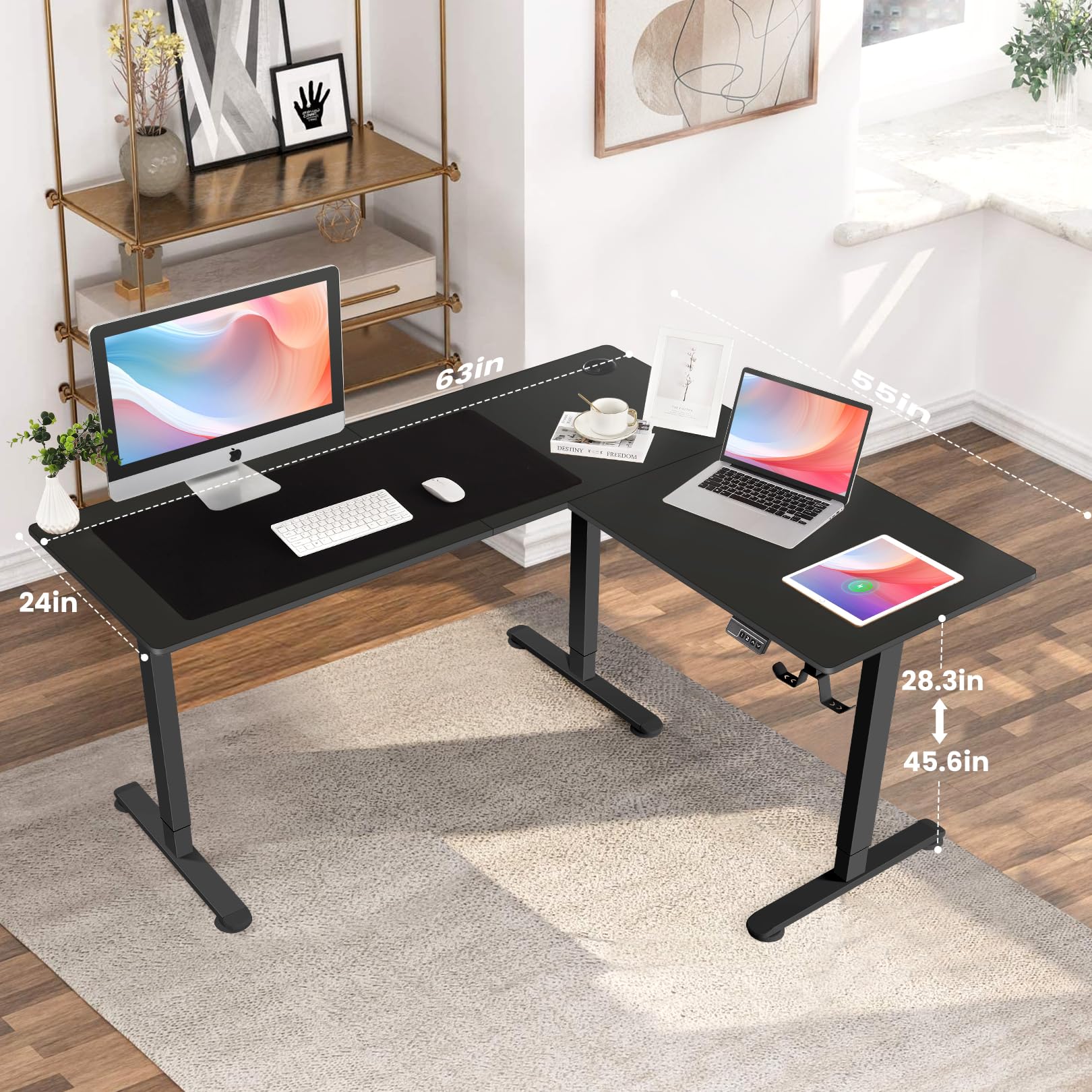 Farexon L-Shaped Electric Standing Desk 63x55 Inch, Adjustable Height Corner Sit Stand Desk with Mouse Pad - Sturdy Home Office & Gaming Workstation (Black) - Perfect for Remote Work, Video Calls and Ergonomic Workspace Setup