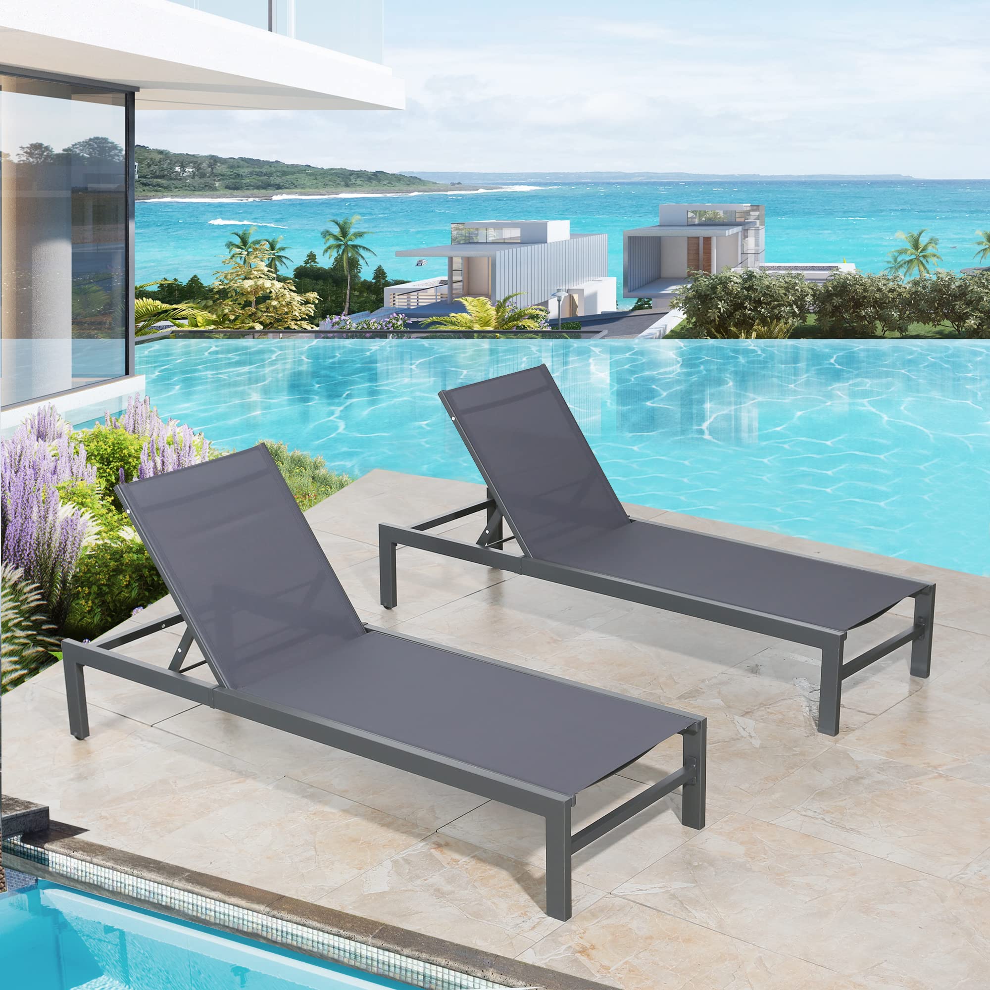 Ulax Furniture 2-Piece Aluminum Adjustable Patio Chaise Lounge Set - Outdoor Sling Reclining Chairs for Patio, Beach, Poolside & Backyard - Weather-Resistant Grey Lounge Chairs for Sunbathing & Relaxation