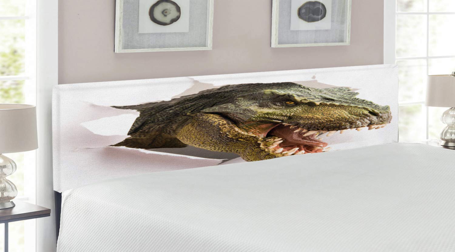 Ambesonne Dinosaur Headboard King Size - Upholstered Decorative Metal Bed Headboard with Memory Foam, Green Army & White Dinosaur Wall Art Design | Perfect for Kids' Bedroom, Dinosaur Theme Nursery, or Unique Home Decor