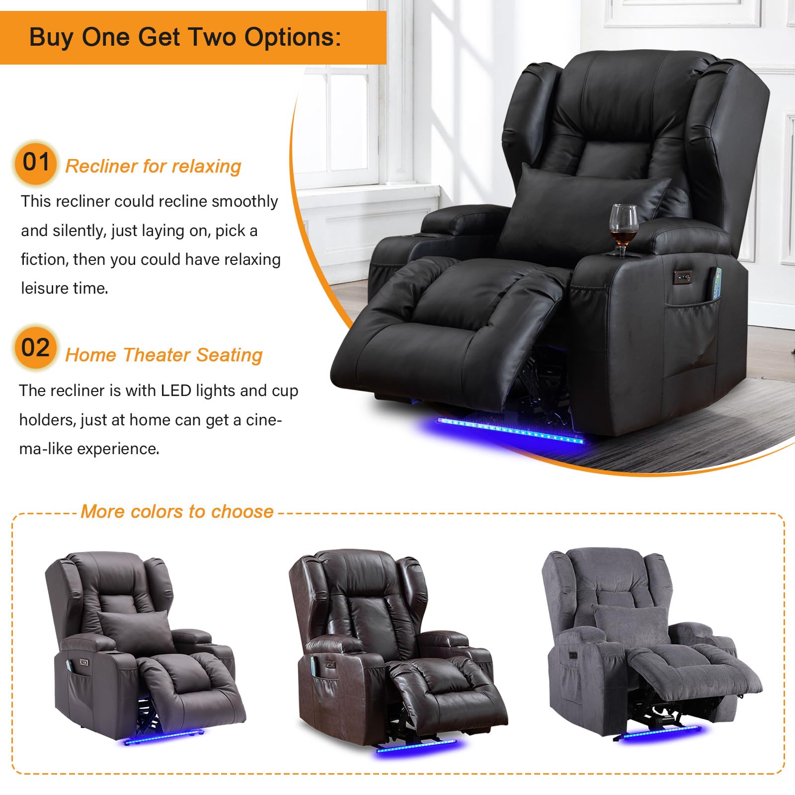 Premium Power Recliner Chair with Heat & Massage - Electric Overstuffed Home Theater Seating, Gaming & Sleeper Recliner with LED Lights, Lumbar Support, USB Ports & Cup Holders - Perfect for Movie Nights, Gaming Sessions & Relaxation at Home