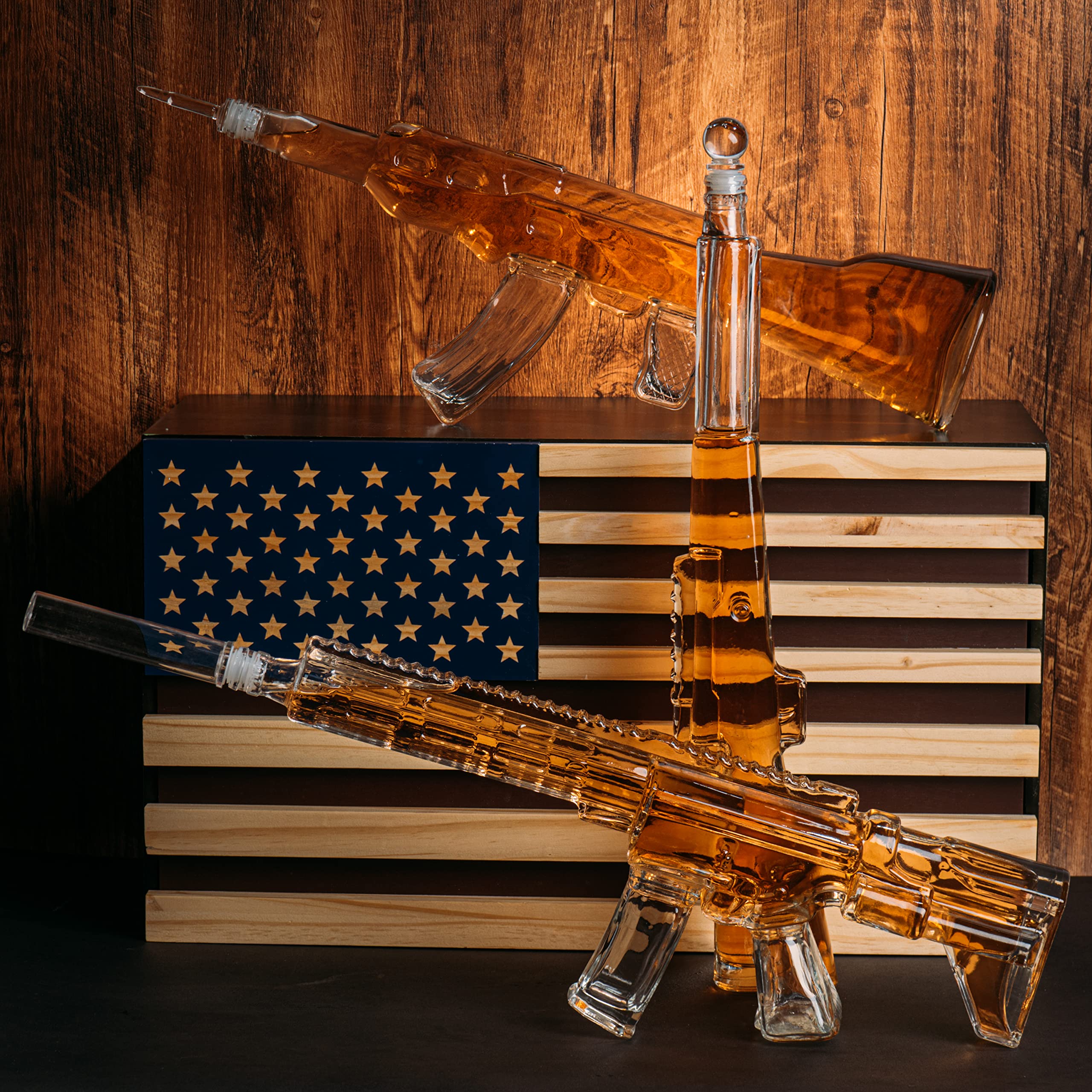 Premium 3-Piece Whiskey Decanter Set with Rifle Design - 1000ml Glass Gun Decanters for Bourbon, Scotch & Whiskey | Unique Veteran Gifts, Military Present, Gun Enthusiast Gift Idea for Dad | Perfect for Home Bar, Man Cave & Whiskey Tasting Parties (TikTok Viral Gift)