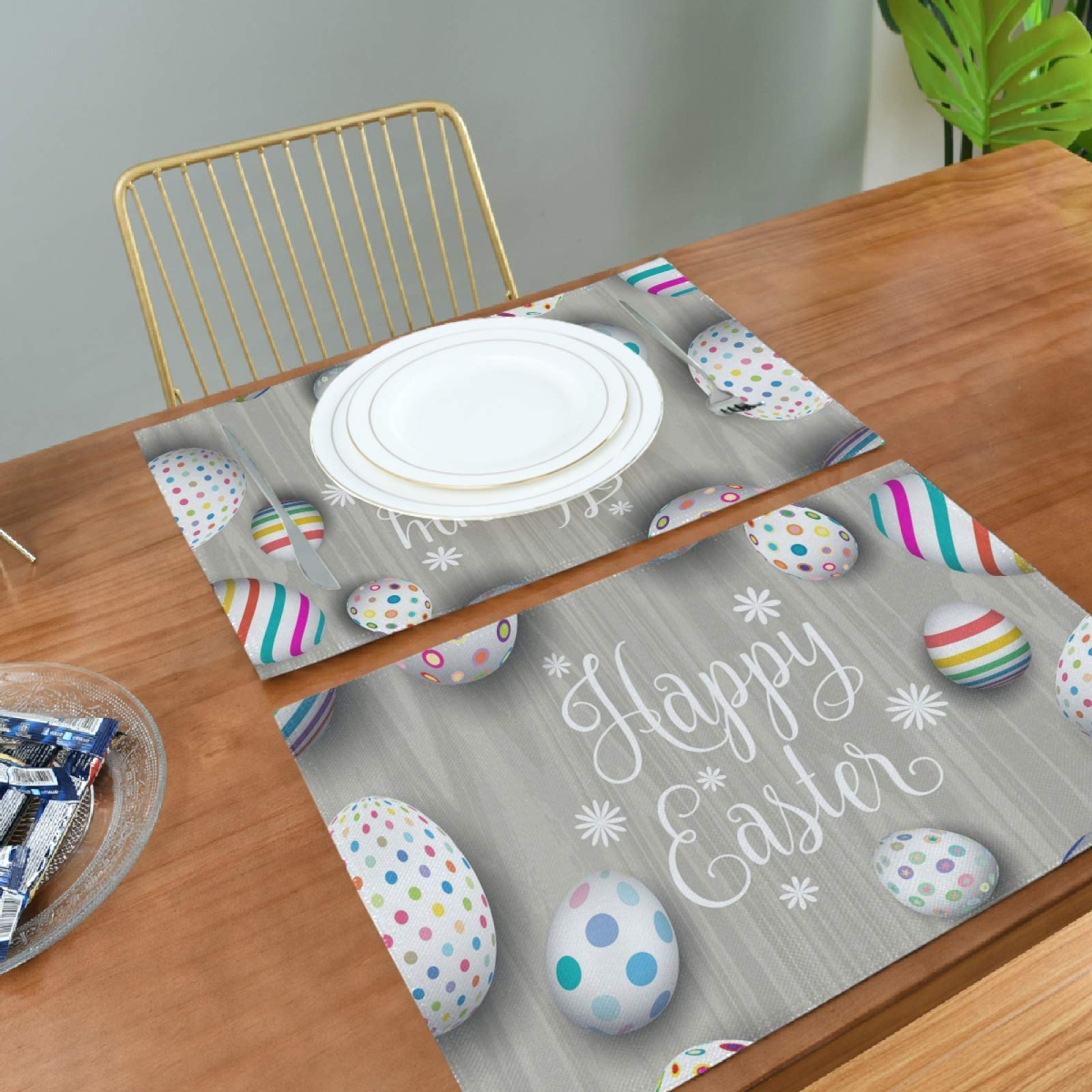 Easter Placemats Set of 6 - Washable Wooden Easter Egg Table Mats for Dining & Kitchen - 12