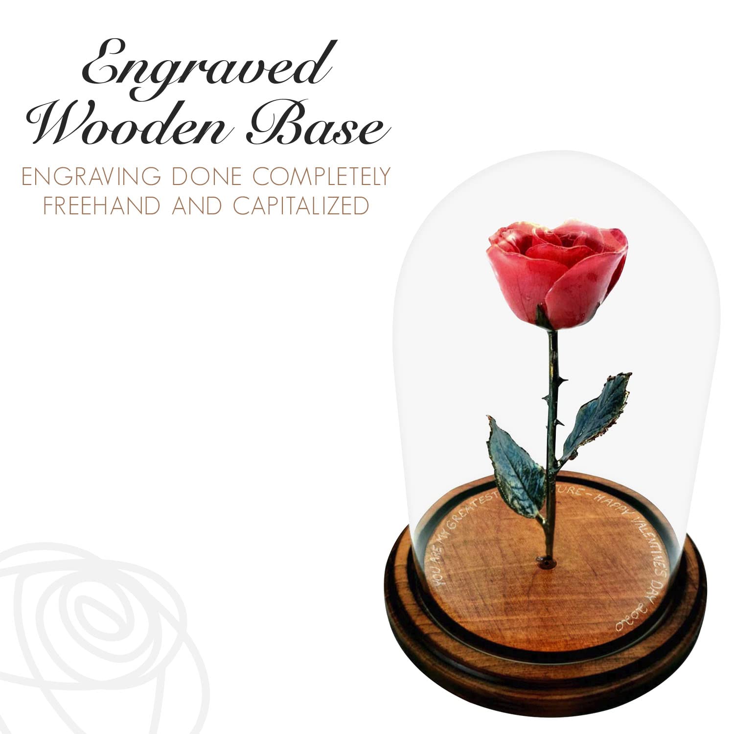 Forever Rose in Glass Dome - Beauty & The Beast Inspired Preserved Rose with Hand Engraving & Copper Stem | Romantic Gift for Women, Anniversary, Valentine's Day, Wedding Decor