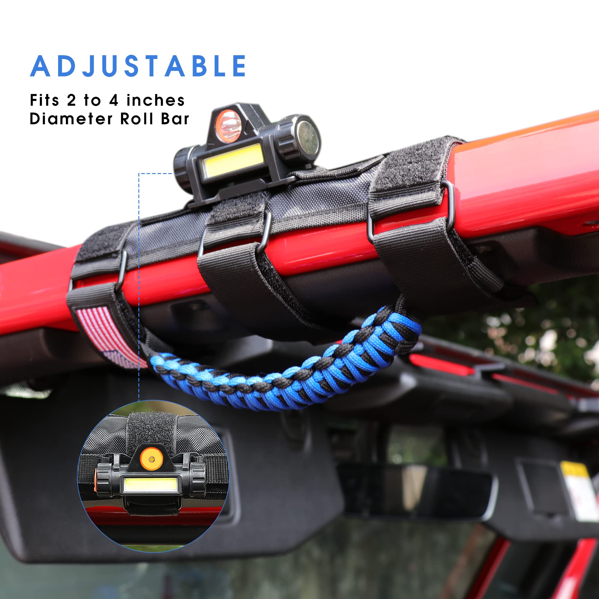 Jeep Wrangler Grab Handles with LED Light - 4 Pack Rechargeable Interior Roll Bar Handles for TJ JK JL YJ Unlimited Rubicon Sahara (2 Door/4 Door) & Gladiator JT - Blue Dome Light Accessories | Perfect for Night Off-Roading & Camping Adventures