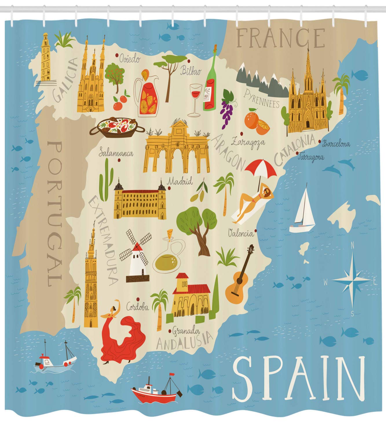 Ambesonne Spain Map Shower Curtain - Detailed Calligraphy Travel Design with Famous Landmarks, 69x75 Inch Waterproof Fabric Bathroom Decor with Hooks - Perfect for Travel Lovers & Geography-Themed Bathrooms