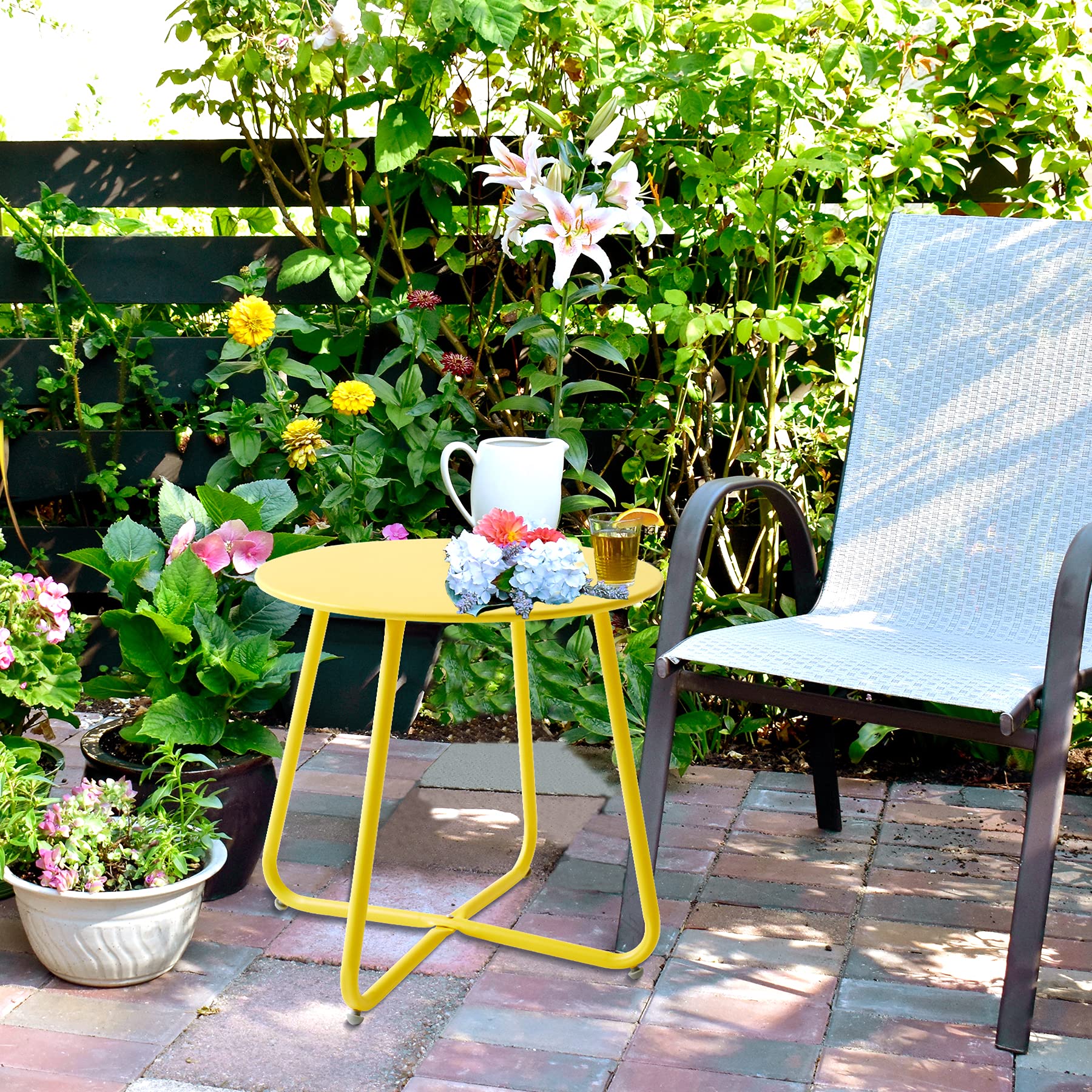 **Waterproof Round Metal Outdoor Side Table - Weather Resistant Small Patio Table for Garden, Balcony, Yard & Indoor Use - Portable End Table (Yellow) | Perfect for Coffee, Drinks & Decor**