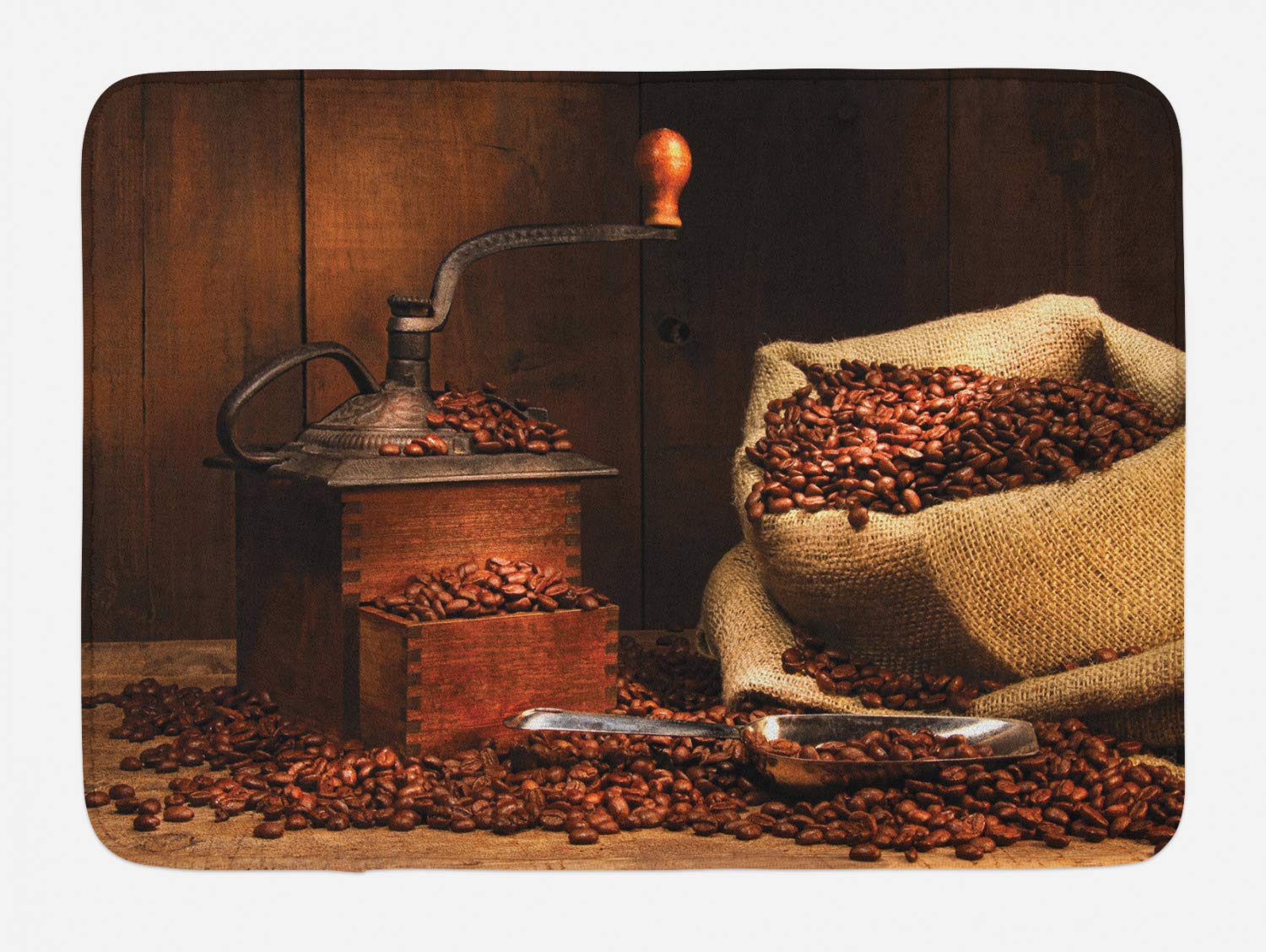 Ambesonne Vintage Coffee Bath Mat - Antique Grinder & Beans Design, Non-Slip Plush Bathroom Rug, 30.2 x 20 Inches, Cinnamon Charcoal Grey - Perfect for Farmhouse, Retro & Coffee Lover Home Decor