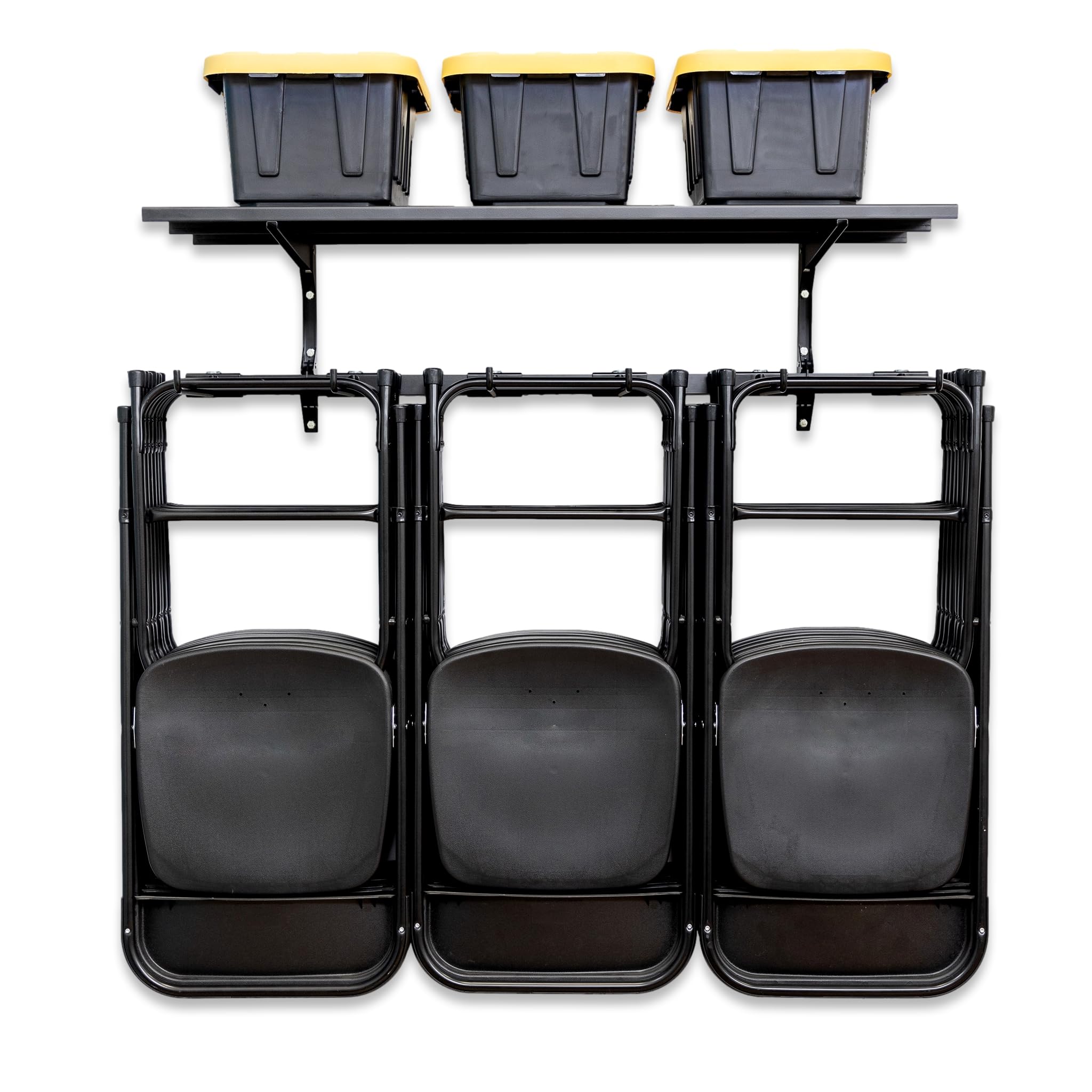 StoreYourBoard Chair Storage Rack & Wall Mount - Heavy Duty 300 lbs Capacity Folding Shelf for Beach Chairs, Garage & Home Organization - Black Steel Space-Saving Hanger System (Perfect for Small Spaces & Seasonal Storage)