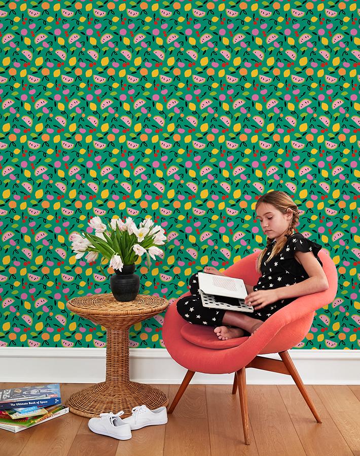 Tea Collection 'Island Fruits' Emerald Green Wallpaper - Tropical Botanical Peel & Stick Wallpaper for Bedroom, Nursery, or Kitchen Decor