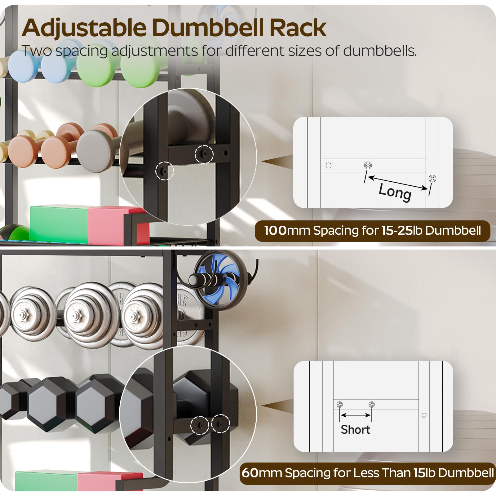 Heavy Duty Dumbbell Rack with Wheels - Adjustable Home Gym Storage Organizer for Dumbbells, Kettlebells, Yoga Mats & Foam Rollers - Space Saving Fitness Equipment with Hooks (Black YL01BK) - Perfect for Home Gym, Garage Workouts & Commercial Fitness Centers