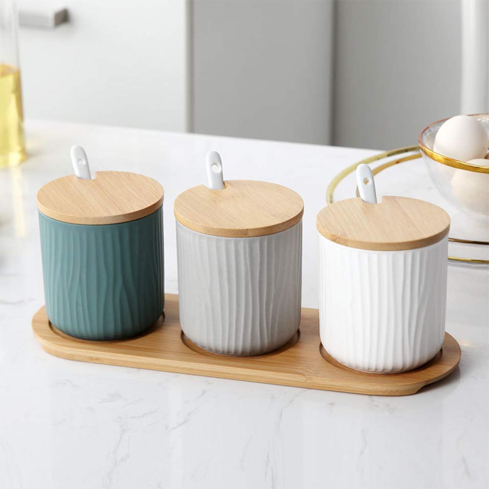 Premium Ceramic Spice Jars with Wooden Lids & Spoons - 10oz Spice Storage Containers Set of 3 for Kitchen Organization - Perfect for Storing Spices, Herbs, Coffee, Tea, Sugar & Seasonings - Ideal for Home Cooking, Baking & Coffee Bars