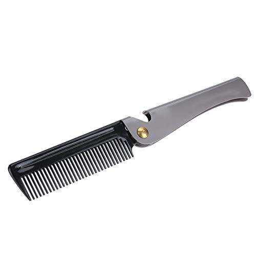 Premium Folding Beard Comb - Anti Static Wooden Mustache Comb for Men - Grooming Kit for Dad & Husband (Black Acetate & Stainless Steel) - Perfect for Travel, Home & Barber Use