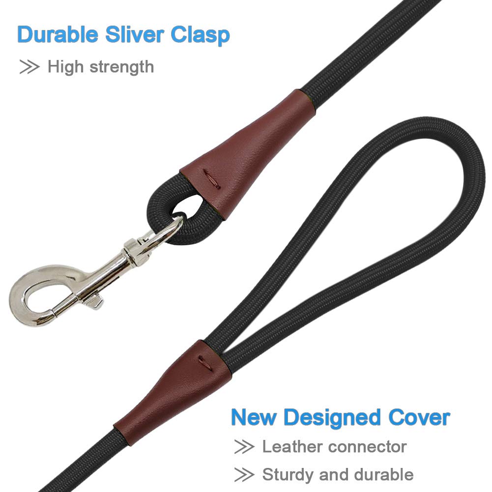 MayPaw 4FT/6FT/8FT/10FT Heavy Duty Dog Leash - Strong Nylon Rope with Leather Reinforced Connection & Silver Clasp - Classic Solid Colors (Black, 6FT x 1/2