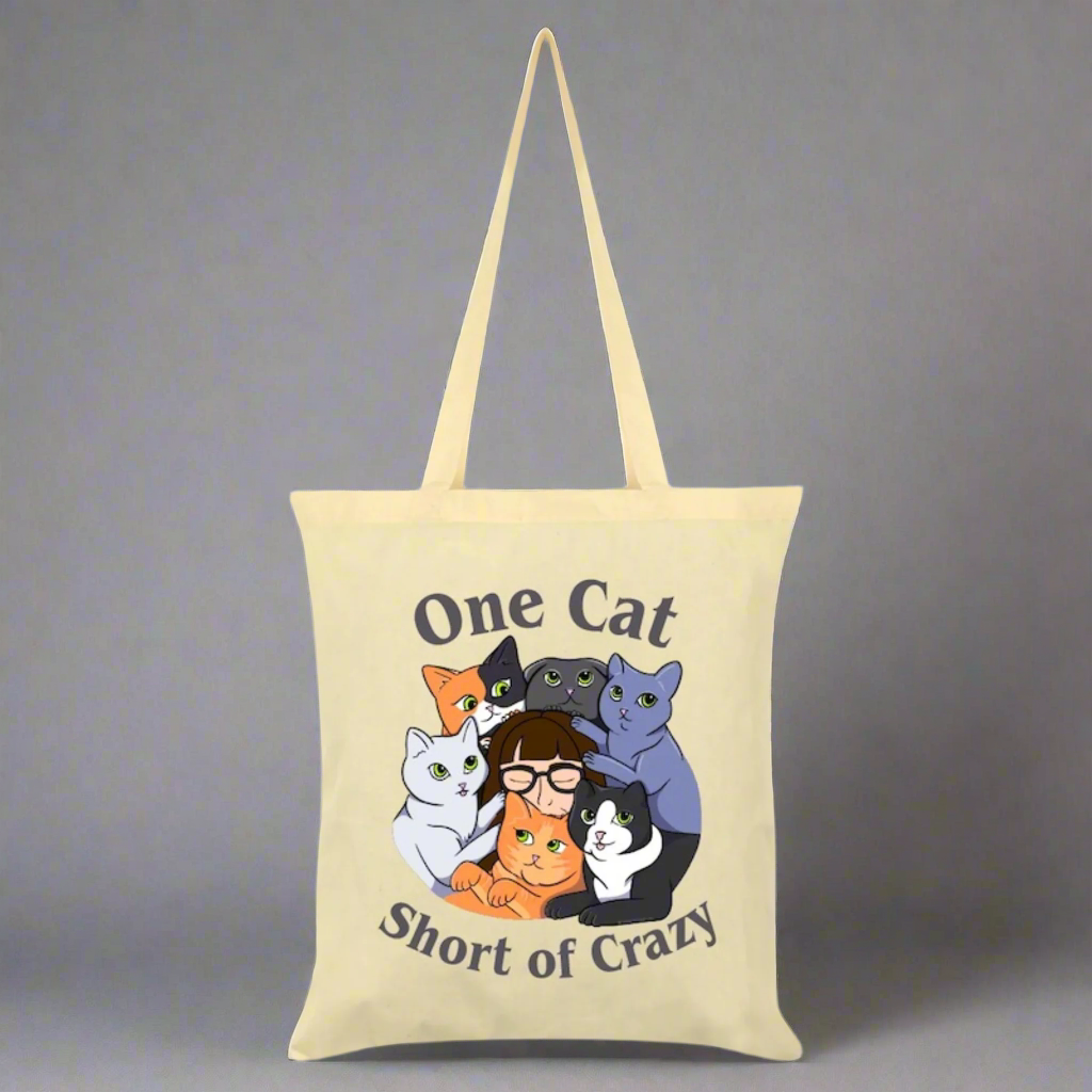 Funny Cat Lover Tote Bag - 'One Cat Short of Crazy' Slogan - Durable Cotton Shopping Bag for Groceries, Beach, Work & Everyday Use
