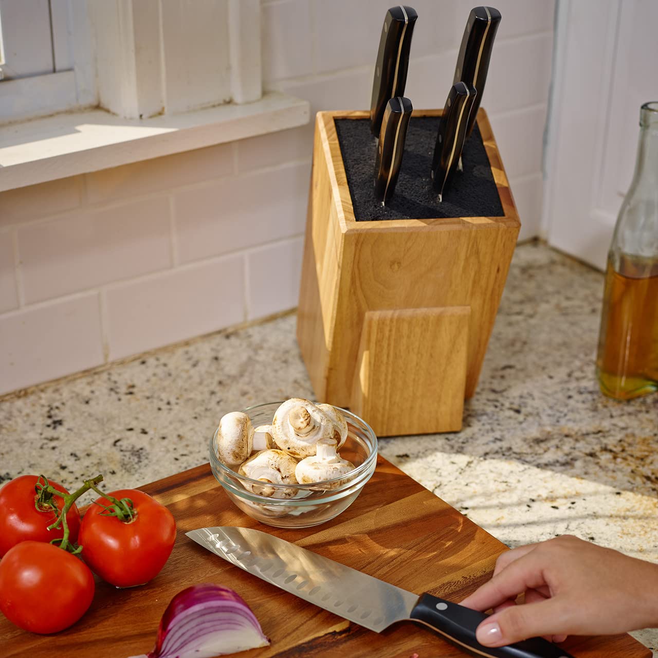 Premium Light Oak Woodgrain Dice Knife Block Set - 6 Slot Knife Holder for Kitchen Countertop - Perfect for Chefs & Home Cooks Organizing Knives Safely